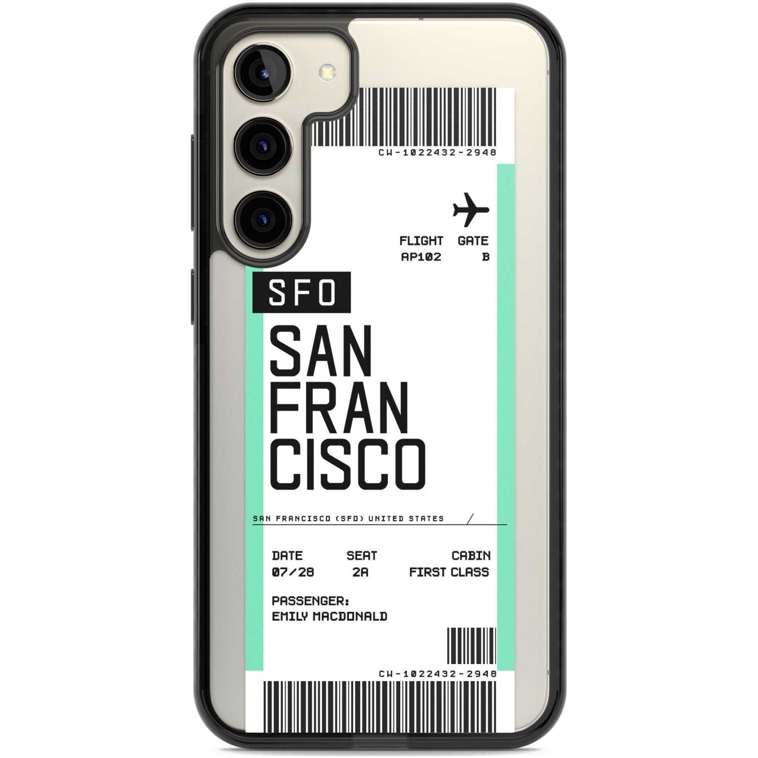 Personalised San Francisco Boarding Pass Custom Phone Case Samsung S22 Plus / Black Impact Case,Samsung S23 Plus / Black Impact Case Blanc Space
