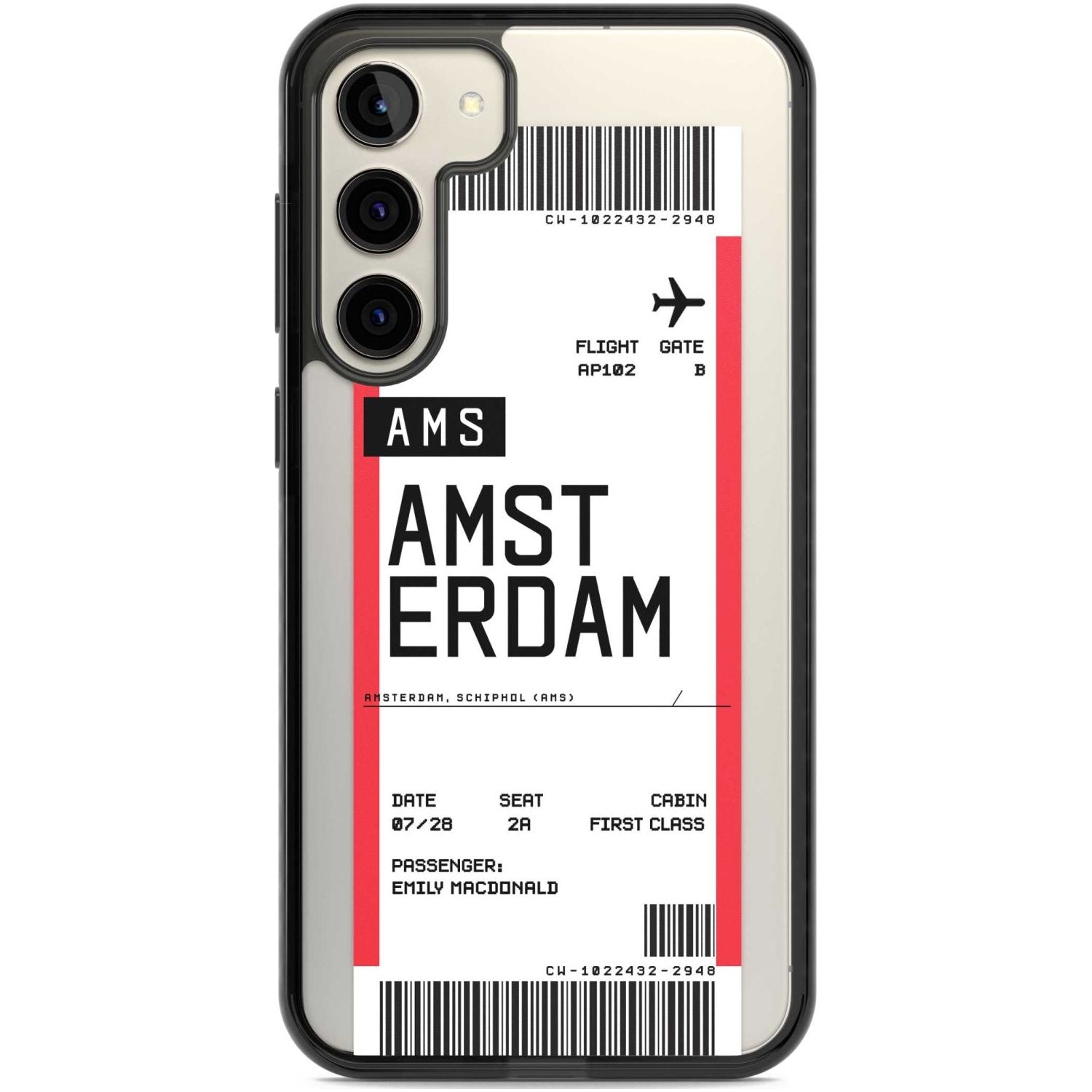 Personalised Amsterdam Boarding Pass Custom Phone Case Samsung S22 Plus / Black Impact Case,Samsung S23 Plus / Black Impact Case Blanc Space