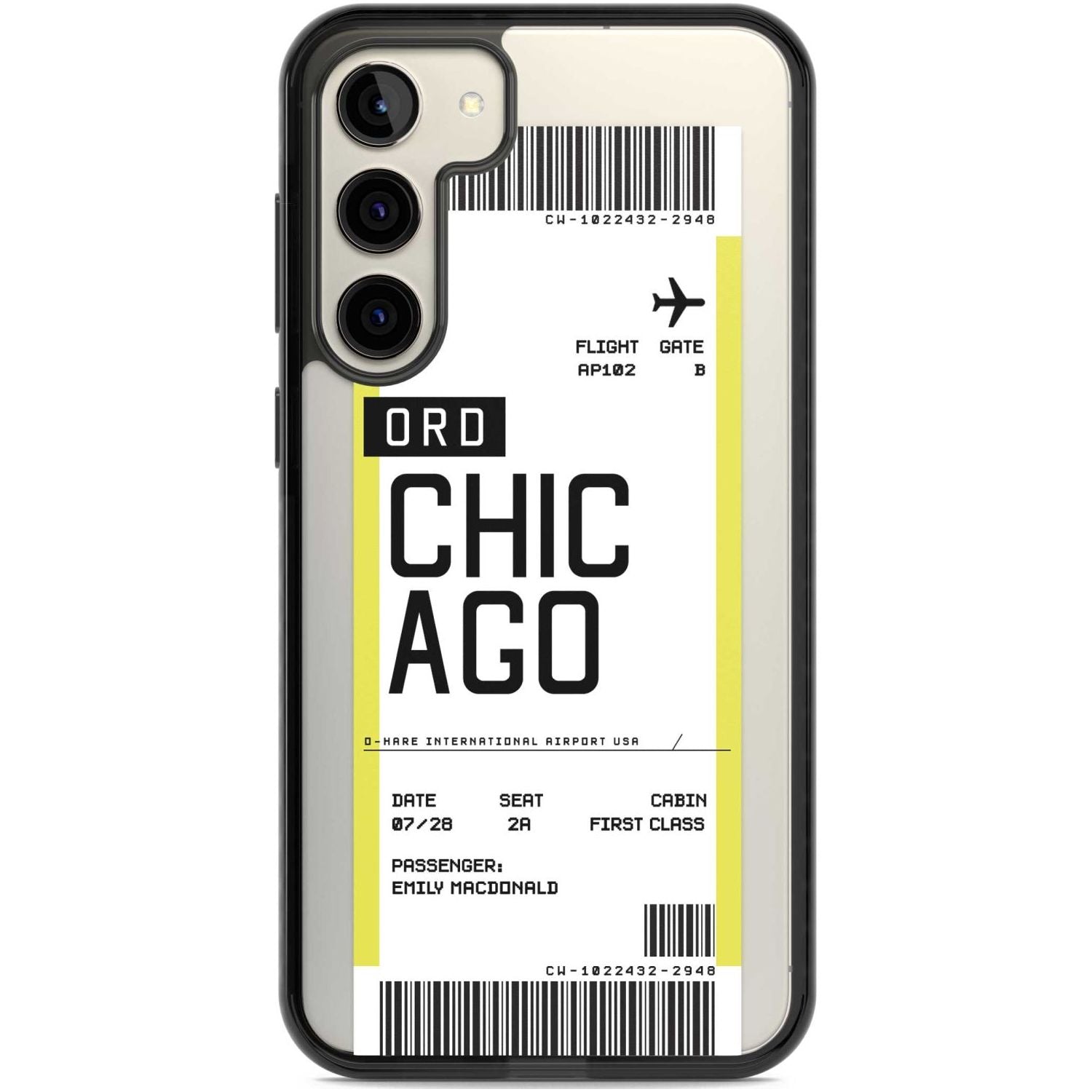 Personalised Chicago Boarding Pass Custom Phone Case Samsung S22 Plus / Black Impact Case,Samsung S23 Plus / Black Impact Case Blanc Space