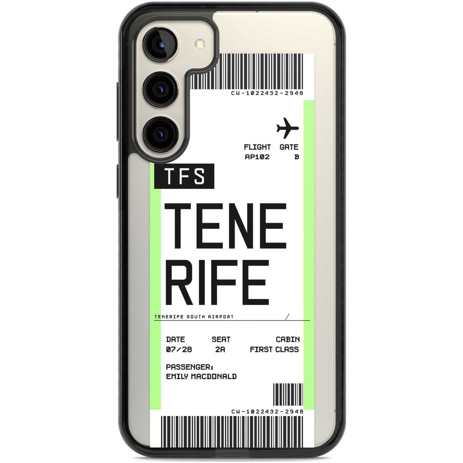 Personalised Tenerife Boarding Pass Custom Phone Case Samsung S22 Plus / Black Impact Case,Samsung S23 Plus / Black Impact Case Blanc Space