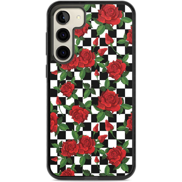 Checkered Pattern & Red Roses Phone Case Samsung S22 Plus / Black Impact Case,Samsung S23 Plus / Black Impact Case Blanc Space