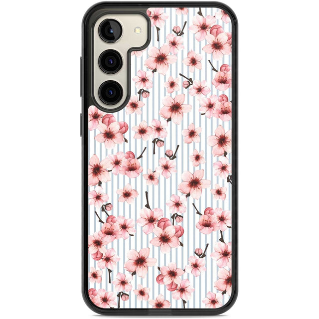 Cherry Blossoms on Blue Stripes Pattern Phone Case Samsung S22 Plus / Black Impact Case,Samsung S23 Plus / Black Impact Case Blanc Space