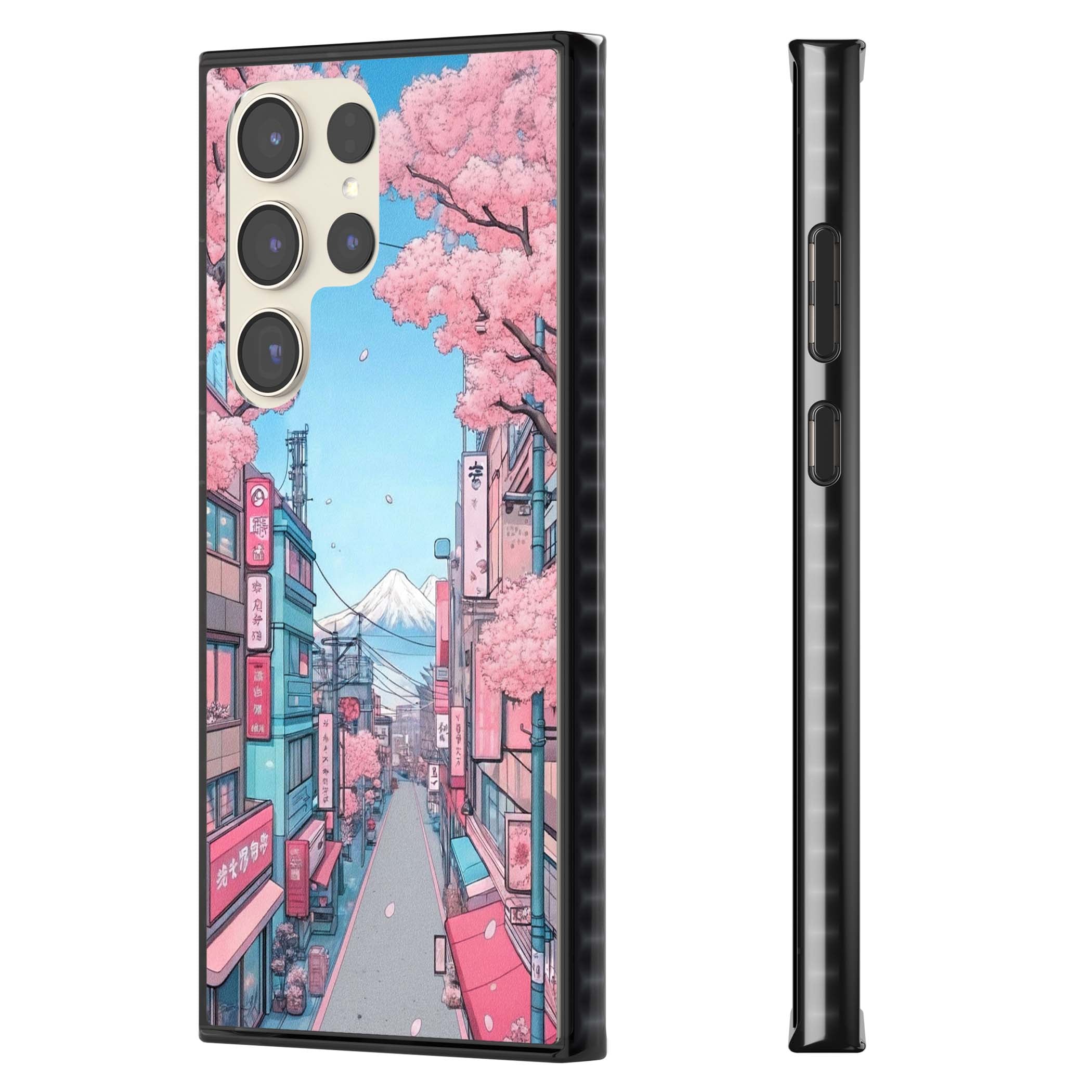 Sakura Lane anime iPhone case featuring Tokyo street scene with cherry blossoms and Mount Fuji | Black Impact case for Samsung Galaxy S24 Ultra, Samsung Galaxy S23 Ultra, Samsung Galaxy S22 Ultra