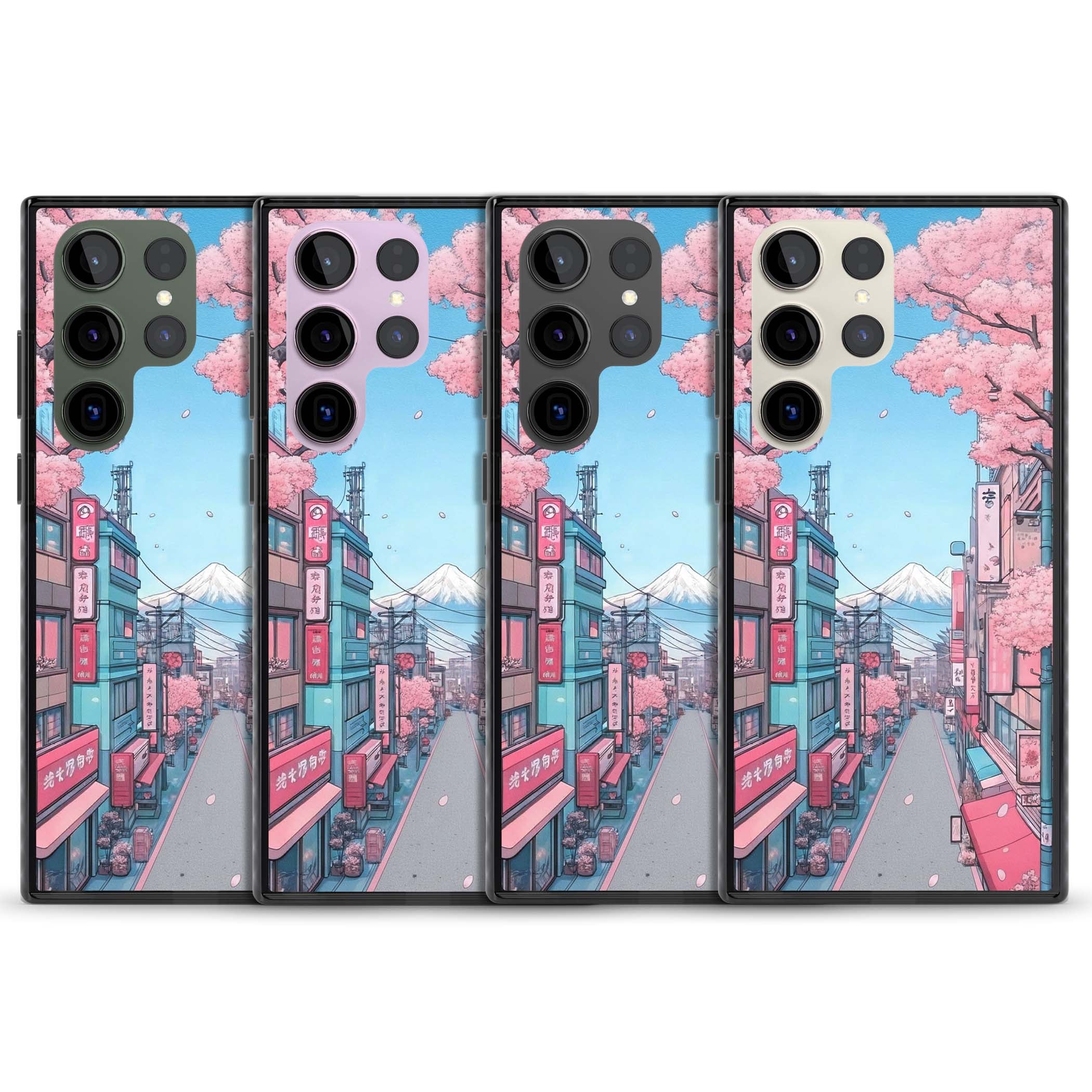Sakura Lane anime iPhone case featuring Tokyo street scene with cherry blossoms and Mount Fuji | Black Impact case for Samsung Galaxy S24 Ultra, Samsung Galaxy S23 Ultra, Samsung Galaxy S22 Ultra
