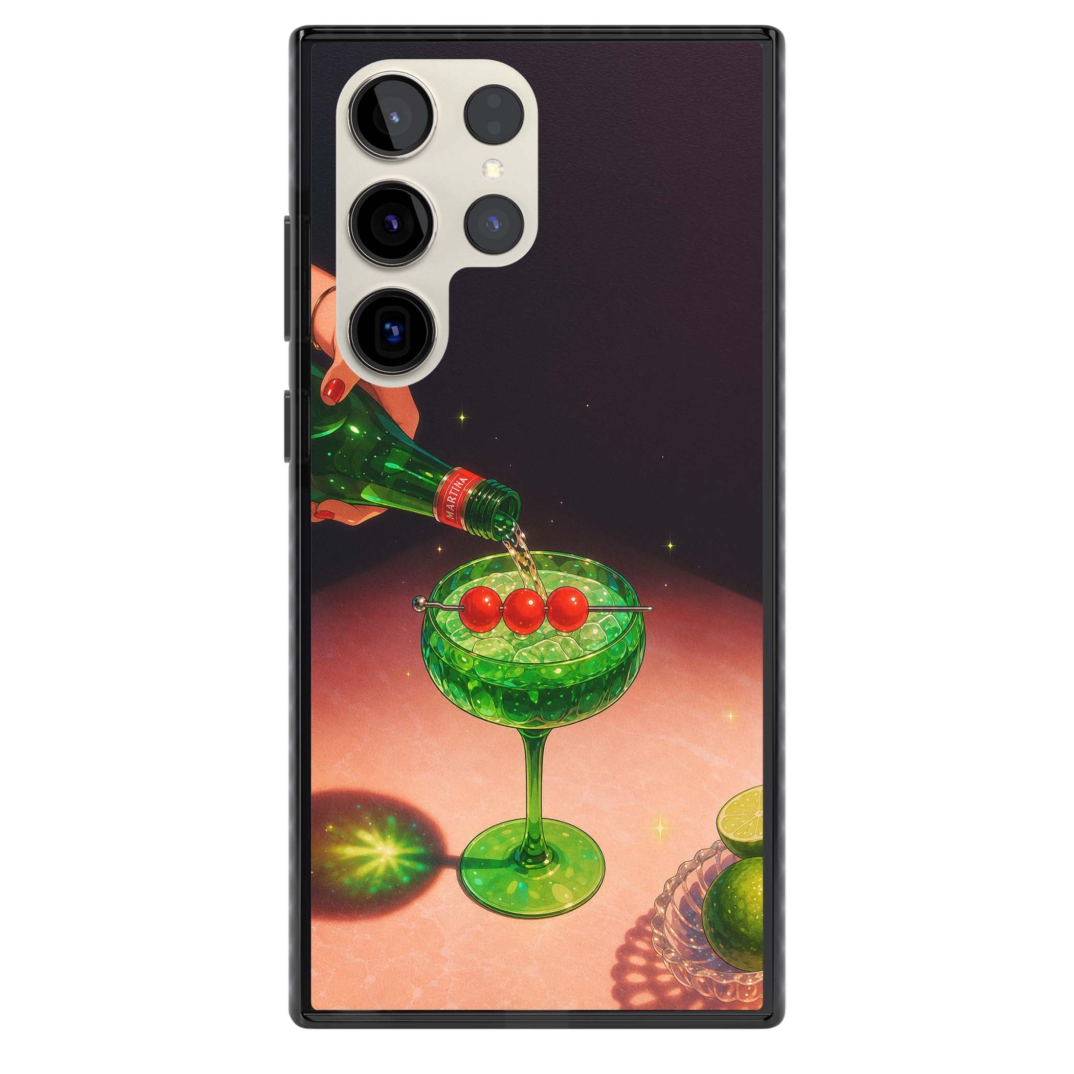 Absinthe Hour cocktail iPhone case featuring a green coupe glass, cherry garnish and vintage bottle pour illustration | Black Impact case for Samsung Galaxy S24 Ultra, Samsung Galaxy S23 Ultra, Samsung Galaxy S22 Ultra