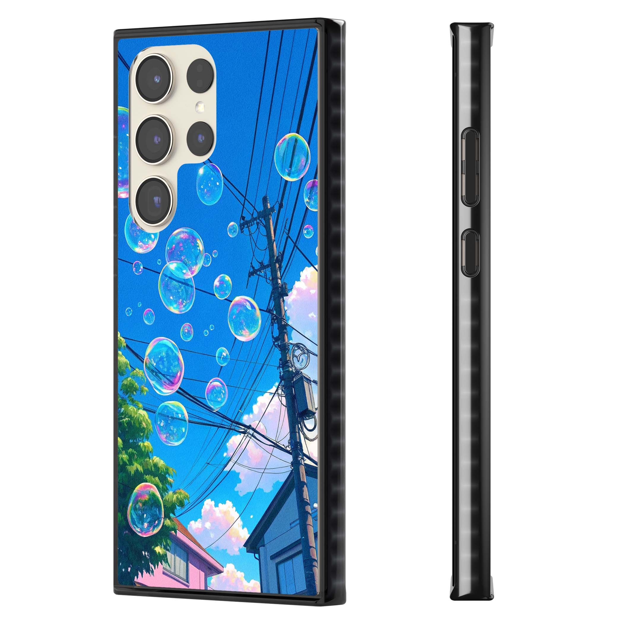 Suburban Bubbles anime iPhone case featuring iridescent soap bubbles, blue sky and Japanese telephone wires | Black Impact case for Samsung Galaxy S24 Ultra, Samsung Galaxy S23 Ultra, Samsung Galaxy S22 Ultra
