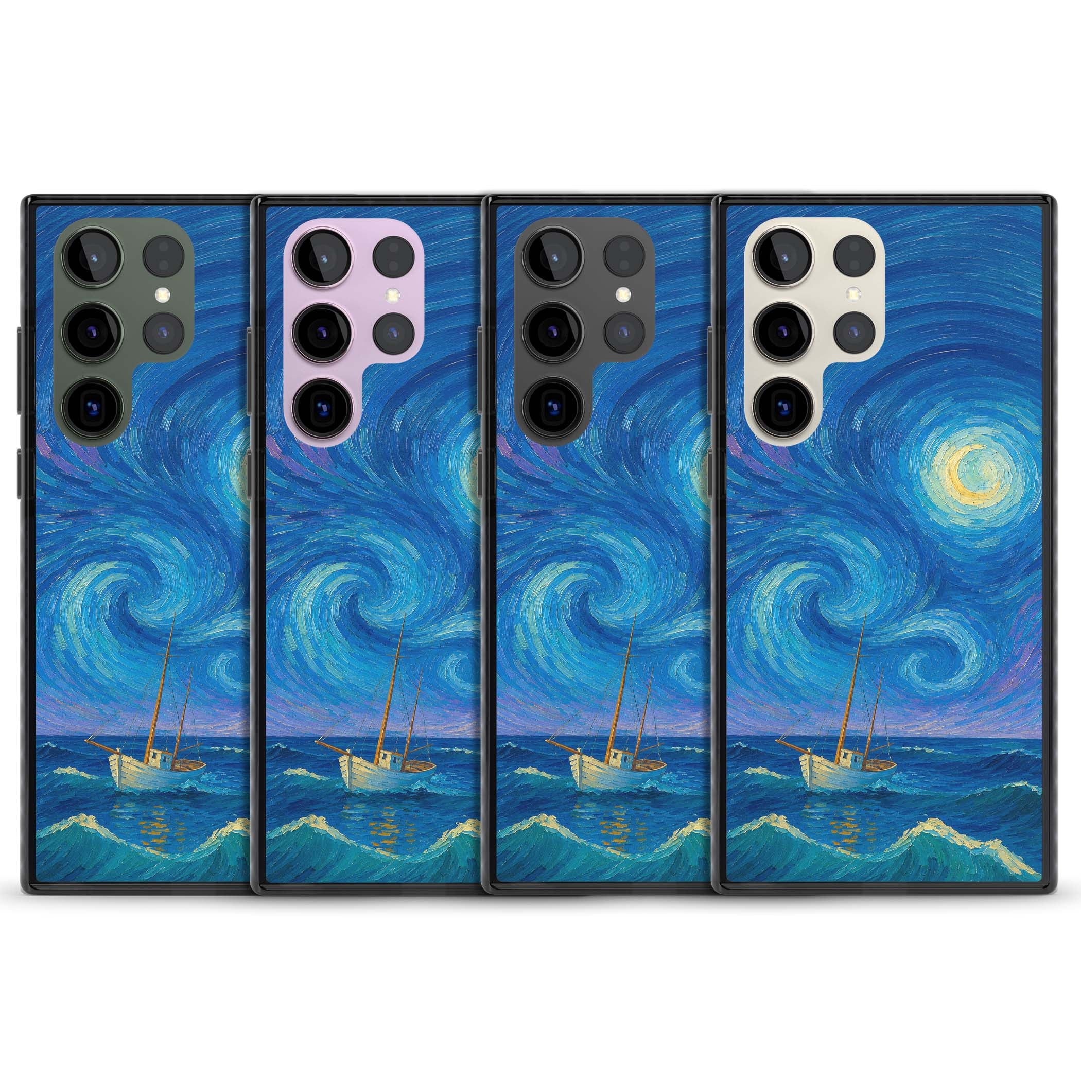 Moonlit Tide Van Gogh art iPhone case featuring swirling starry night sky, glowing moon and lone sailing boat at sea | Black Impact case for Samsung Galaxy S24 Ultra, Samsung Galaxy S23 Ultra, Samsung Galaxy S22 Ultra