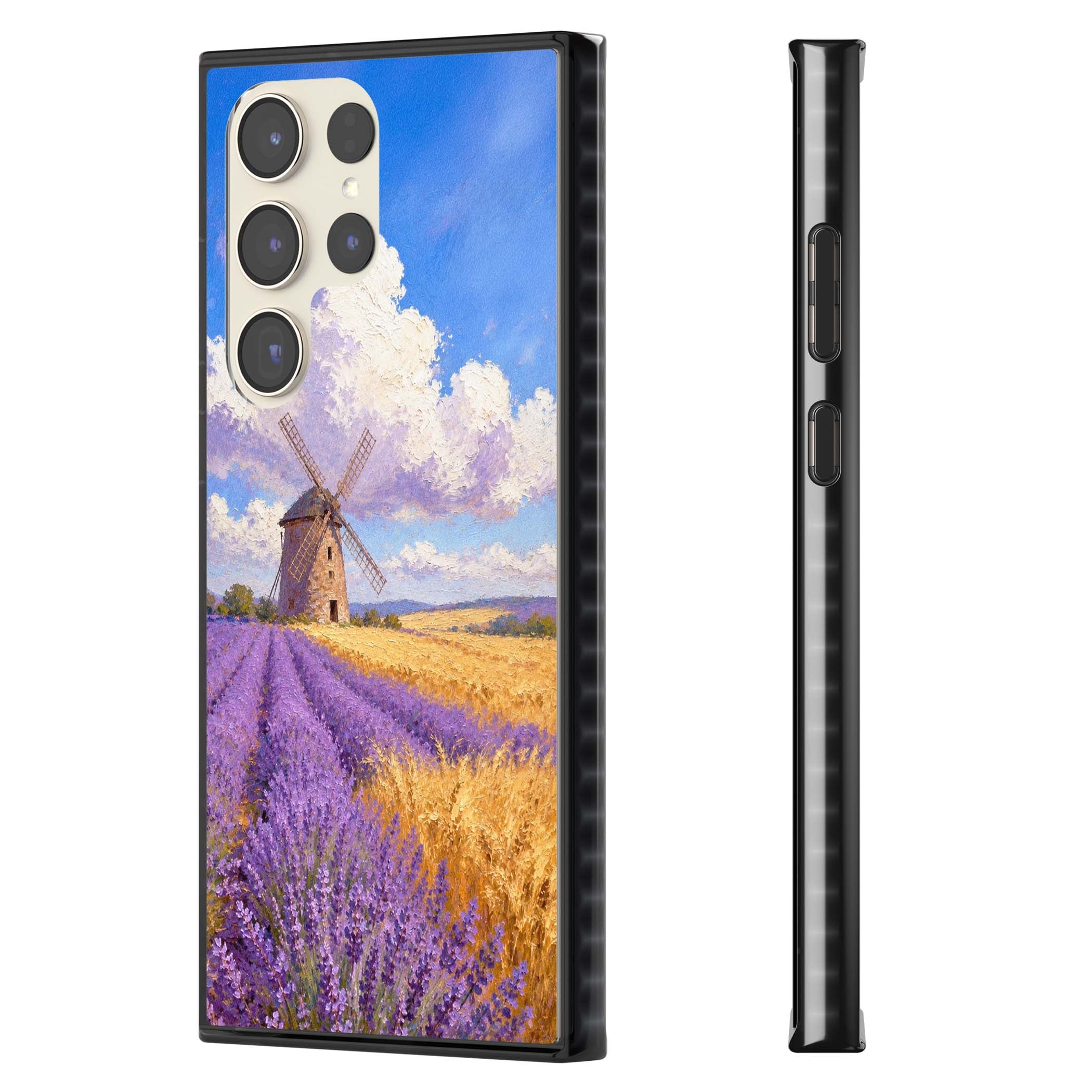 Lavender Mill cottagecore iPhone case featuring a French windmill, lavender field and golden wheat oil painting | Black Impact case for Samsung Galaxy S24 Ultra, Samsung Galaxy S23 Ultra, Samsung Galaxy S22 Ultra