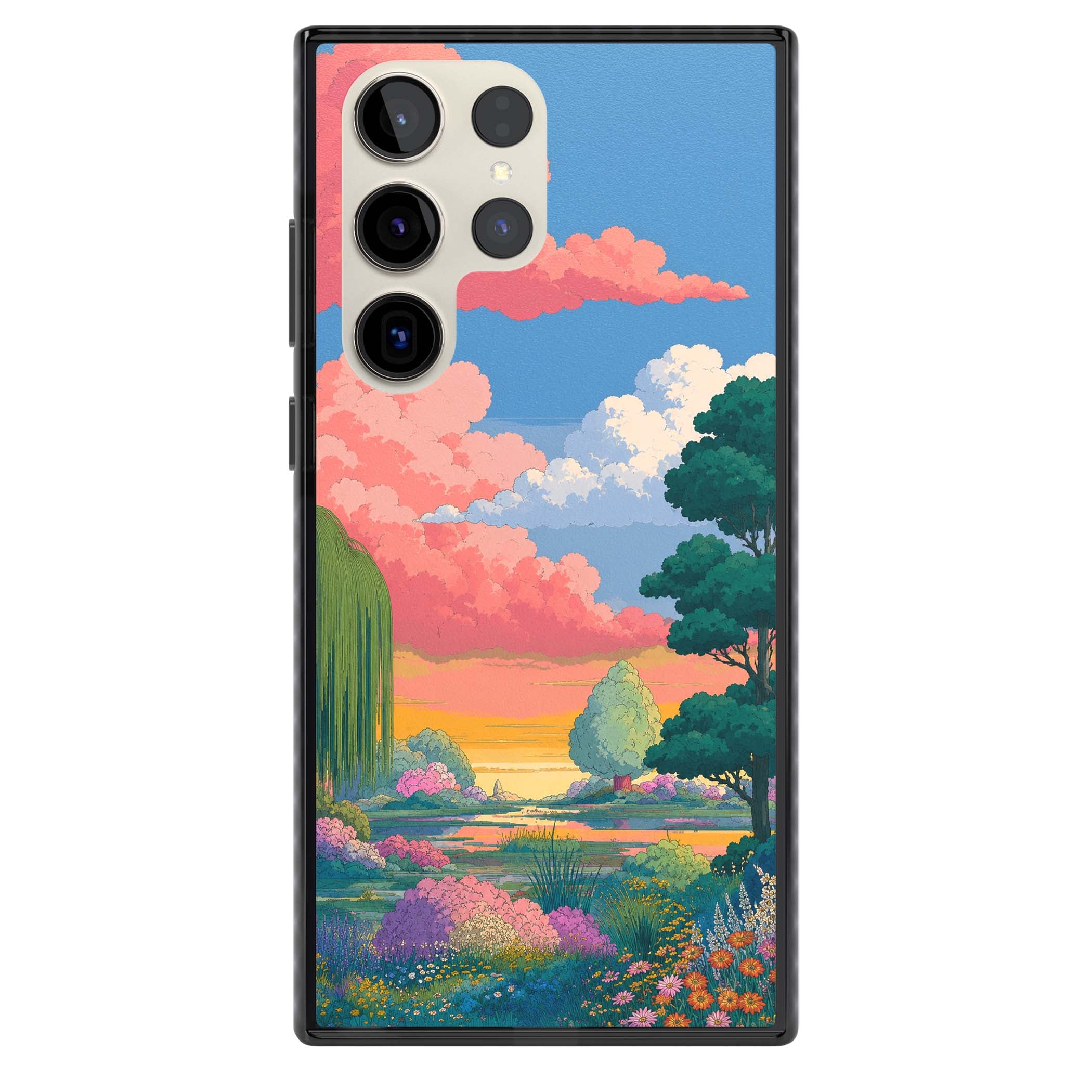 Dream Valley anime landscape iPhone case featuring pink sunset clouds, willow trees and wildflowers | Black Impact case for Samsung Galaxy S24 Ultra, Samsung Galaxy S23 Ultra, Samsung Galaxy S22 Ultra