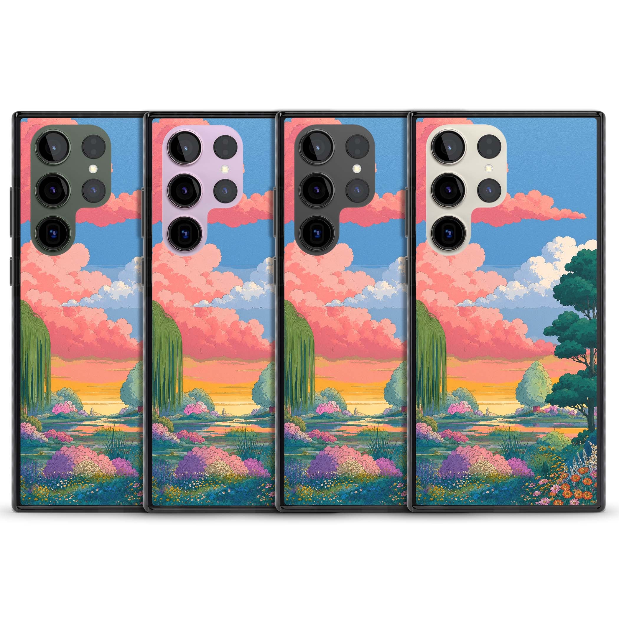 Dream Valley anime landscape iPhone case featuring pink sunset clouds, willow trees and wildflowers | Black Impact case for Samsung Galaxy S24 Ultra, Samsung Galaxy S23 Ultra, Samsung Galaxy S22 Ultra