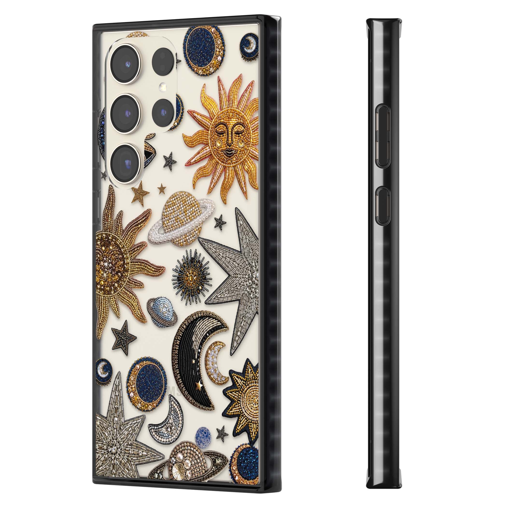 Beaded Cosmos celestial iPhone case featuring embroidered golden suns, beaded planets and silver shooting stars | Black Impact case for Samsung Galaxy S24 Ultra, Samsung Galaxy S23 Ultra, Samsung Galaxy S22 Ultra