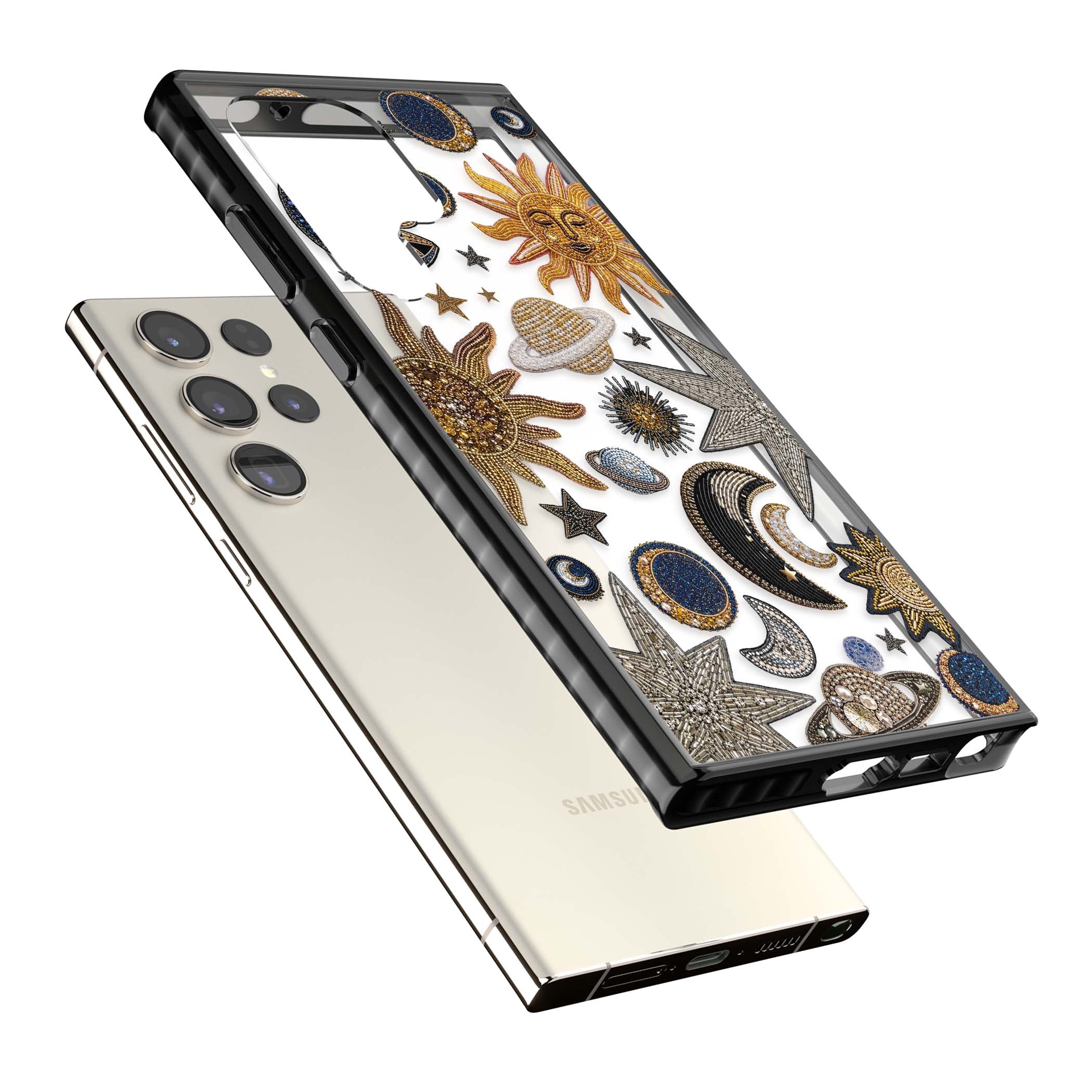 Beaded Cosmos celestial iPhone case featuring embroidered golden suns, beaded planets and silver shooting stars | Black Impact case for Samsung Galaxy S24 Ultra, Samsung Galaxy S23 Ultra, Samsung Galaxy S22 Ultra