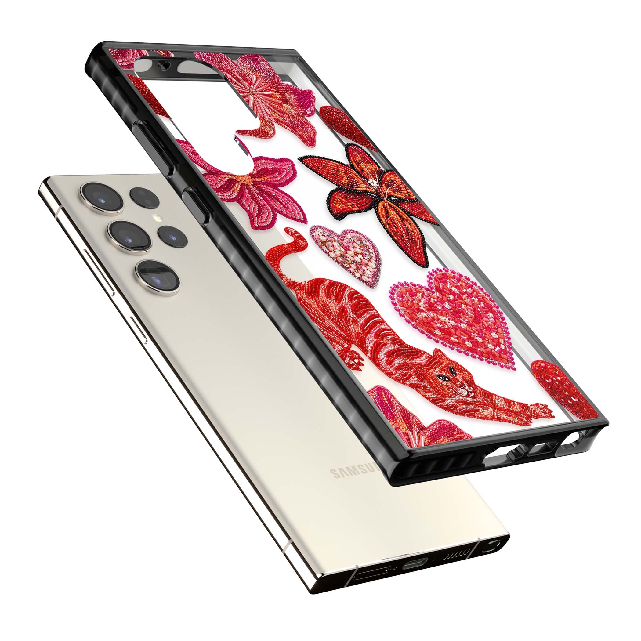 Beaded Boho floral iPhone case featuring beaded red lilies, a stitched tiger, and pearl-encrusted hearts on clear | Black Impact case for Samsung Galaxy S24 Ultra, Samsung Galaxy S23 Ultra, Samsung Galaxy S22 Ultra