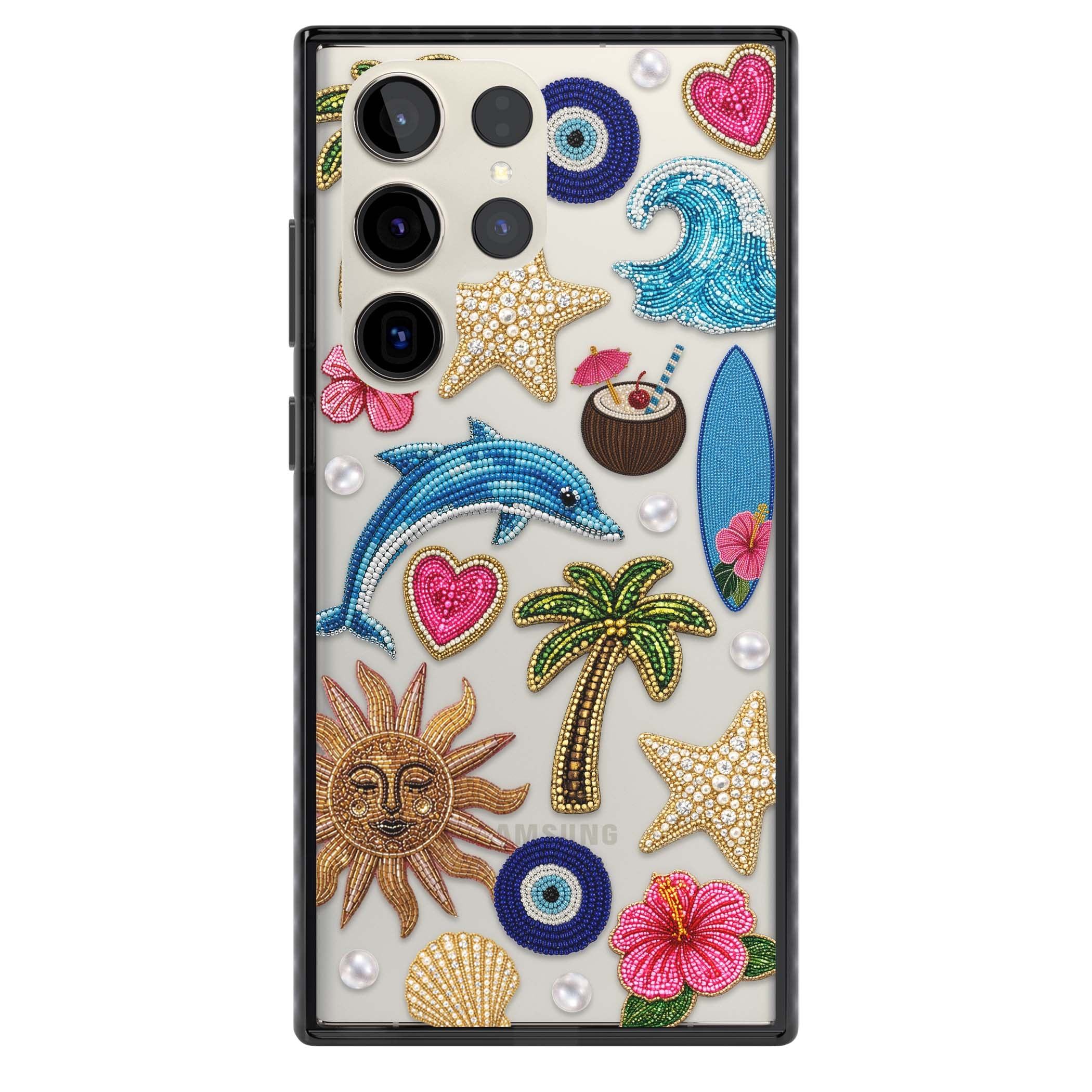 Beaded Beach coastal summer iPhone case featuring embroidered evil eye, hibiscus flowers, dolphin and palm tree patches | Black Impact case for Samsung Galaxy S24 Ultra, Samsung Galaxy S23 Ultra, Samsung Galaxy S22 Ultra