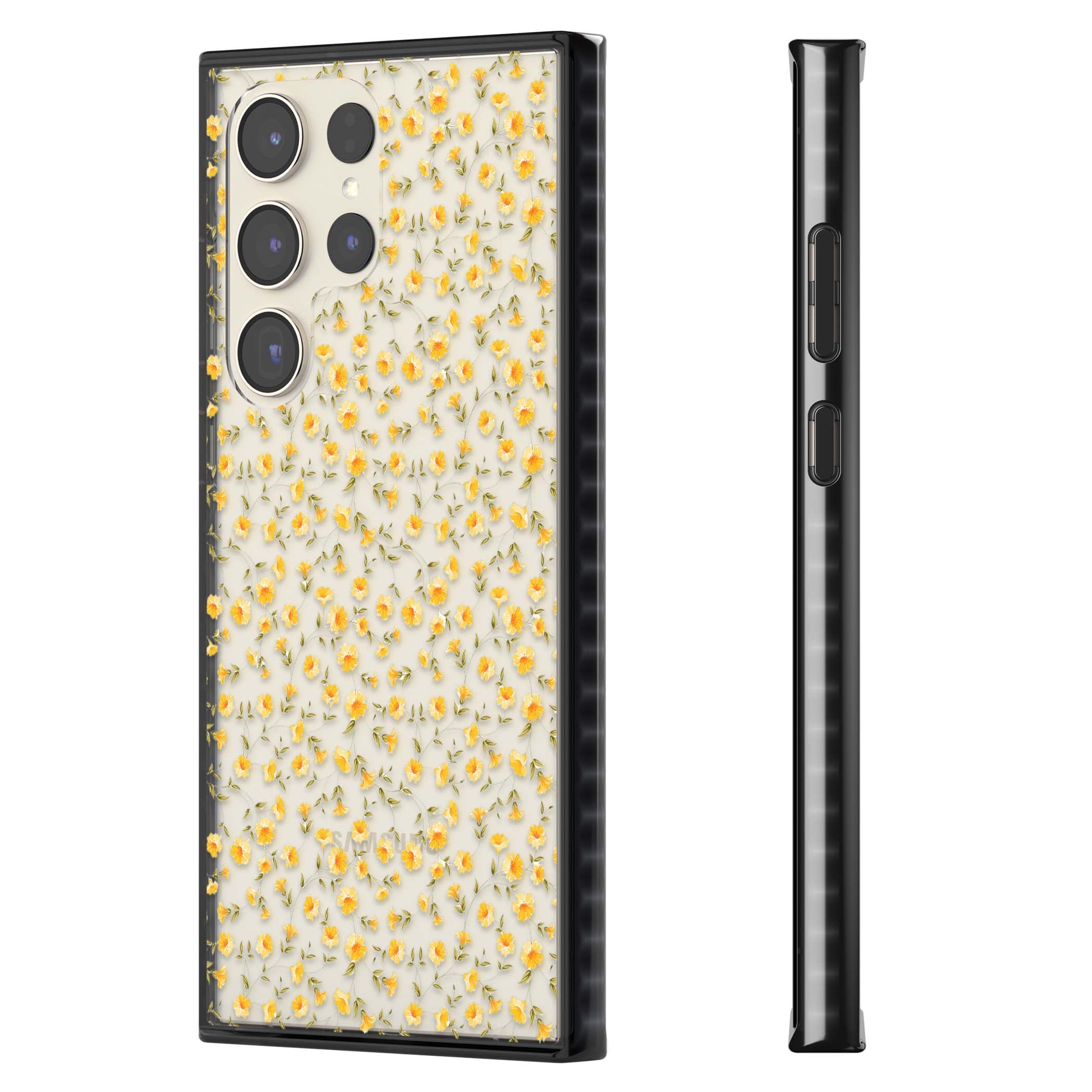 Buttercup wildflower iPhone case featuring tiny yellow flowers and trailing green vines on clear | Black Impact case for Samsung Galaxy S24 Ultra, Samsung Galaxy S23 Ultra, Samsung Galaxy S22 Ultra