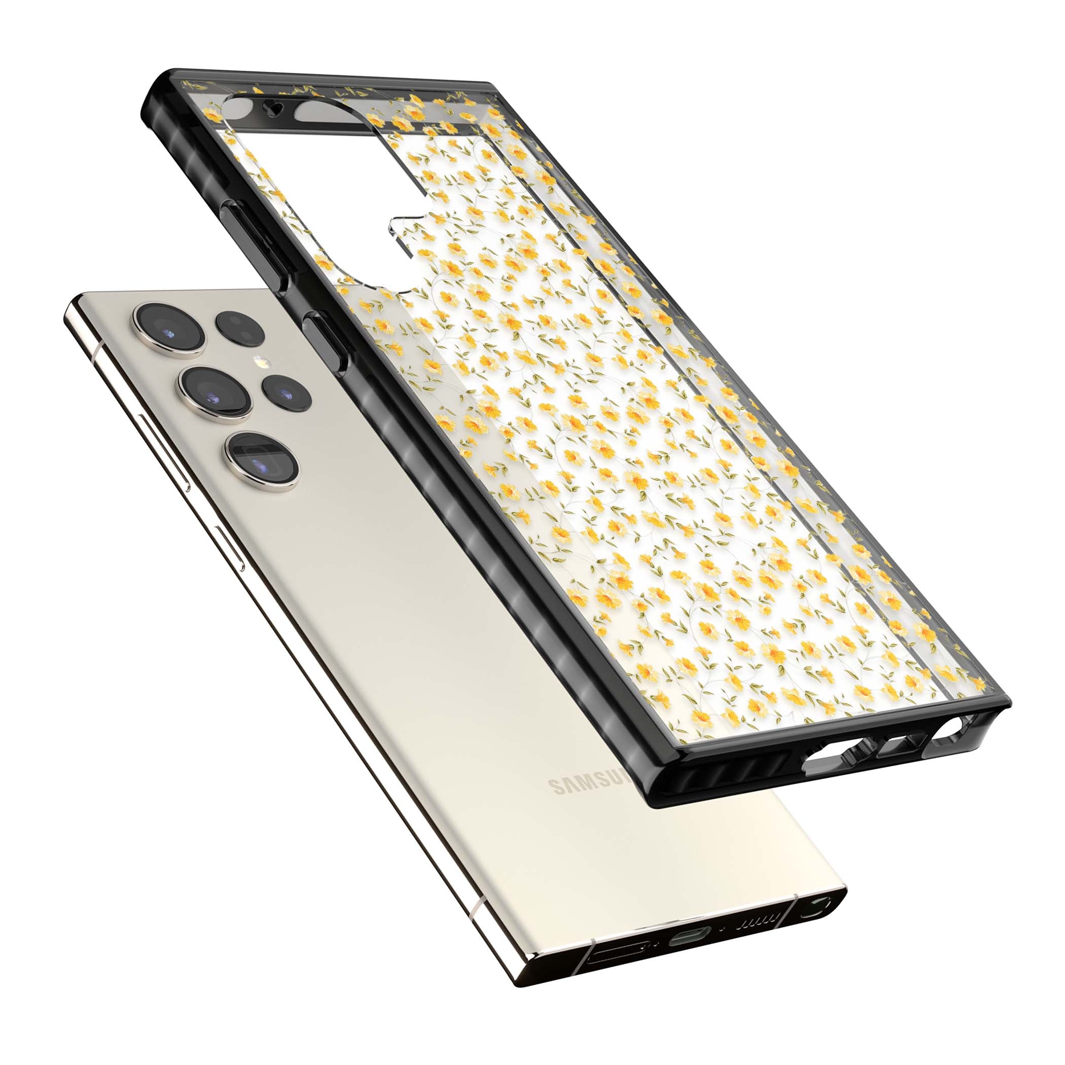 Buttercup wildflower iPhone case featuring tiny yellow flowers and trailing green vines on clear | Black Impact case for Samsung Galaxy S24 Ultra, Samsung Galaxy S23 Ultra, Samsung Galaxy S22 Ultra