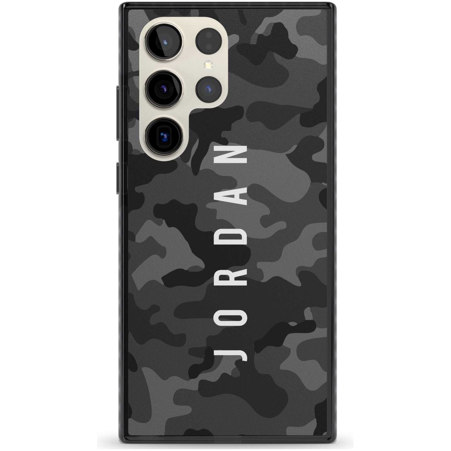 Personalised Small Vertical Name Black Camouflage Custom Phone Case Samsung S22 Ultra / Black Impact Case,Samsung S23 Ultra / Black Impact Case Blanc Space
