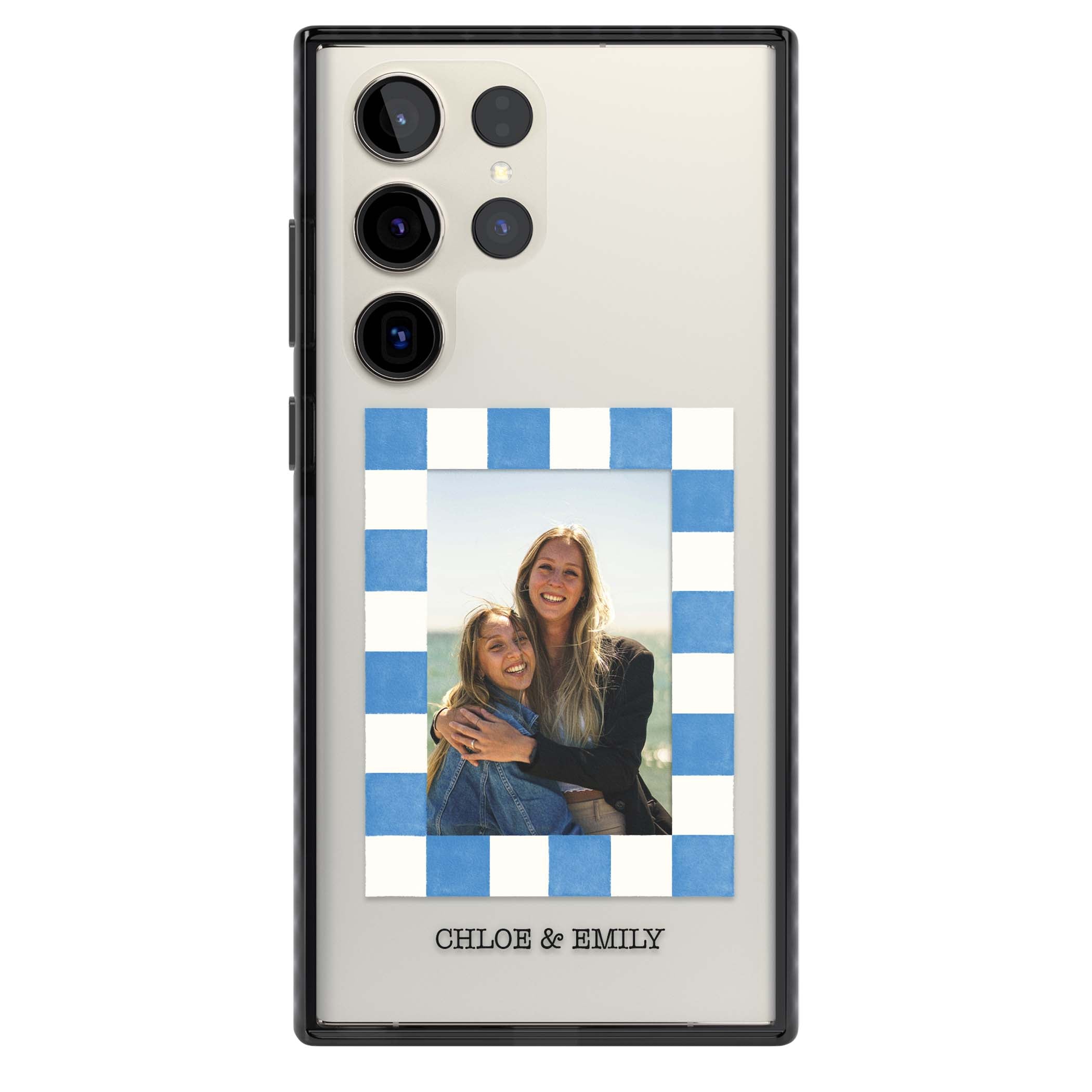 Blue Check Photo personalised photo iPhone case with blue checkered frame and custom couple names | Black Impact case for Samsung Galaxy S24 Ultra, Samsung Galaxy S23 Ultra, Samsung Galaxy S22 Ultra