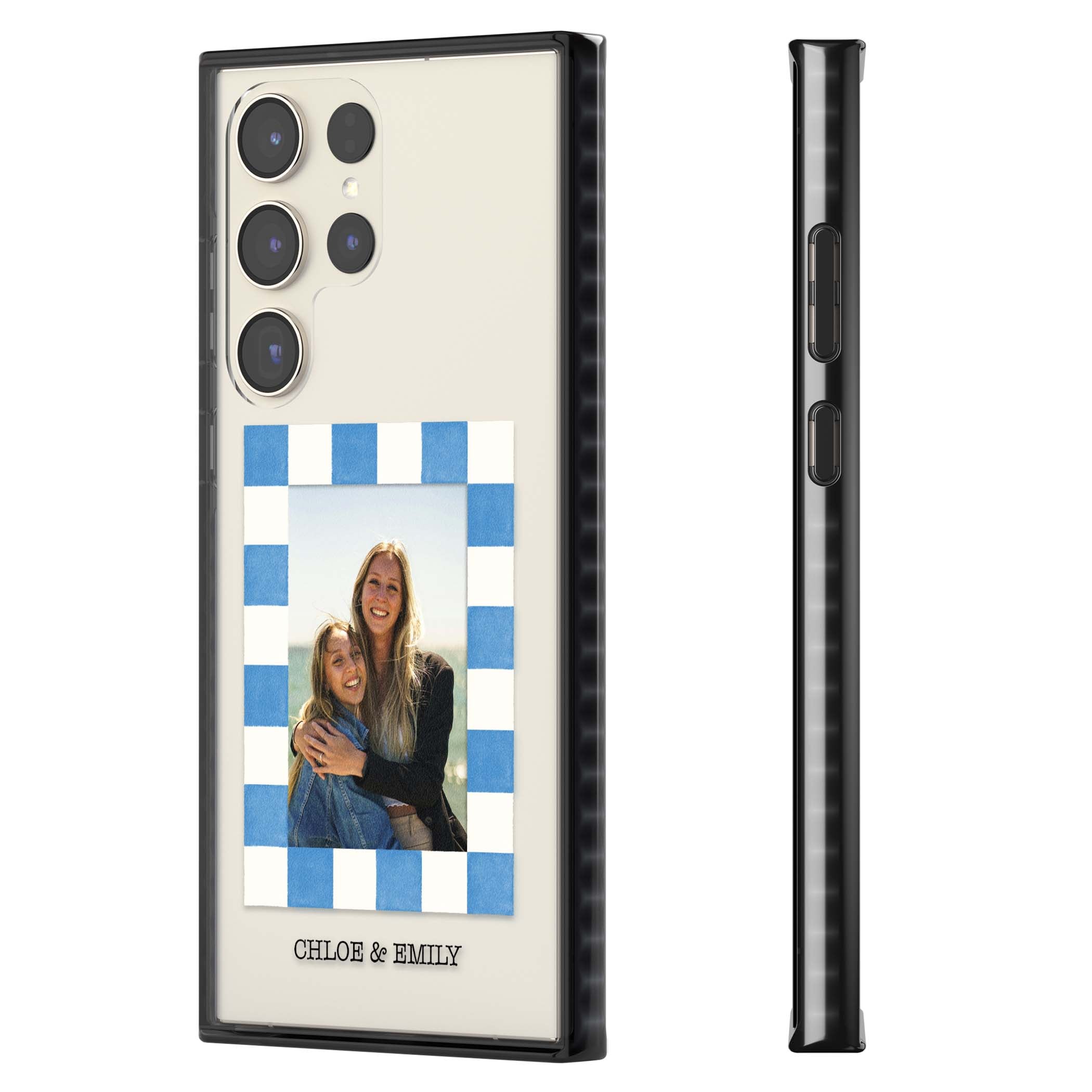 Blue Check Photo personalised photo iPhone case with blue checkered frame and custom couple names | Black Impact case for Samsung Galaxy S24 Ultra, Samsung Galaxy S23 Ultra, Samsung Galaxy S22 Ultra