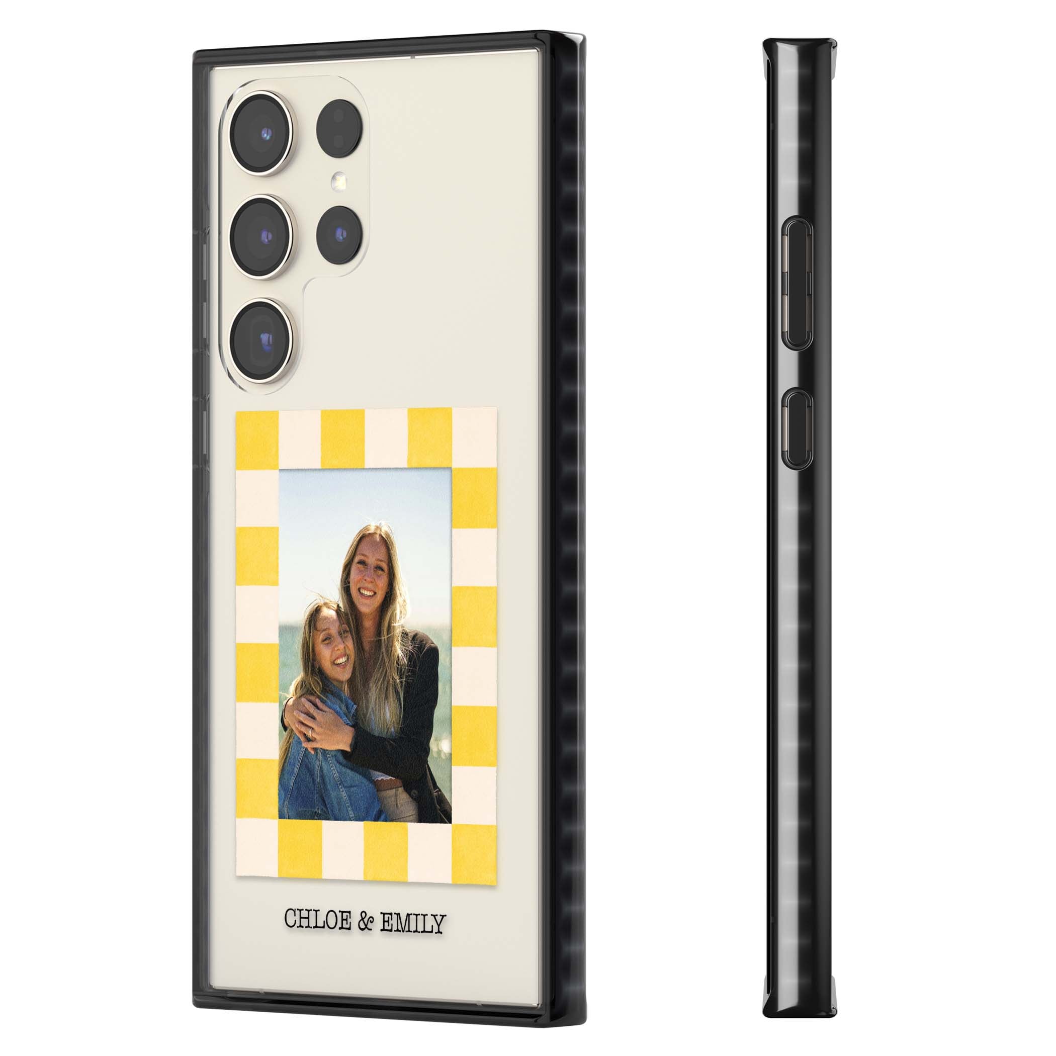 Yellow Check Photo personalised iPhone case with yellow checkered Polaroid frame and custom names beneath | Black Impact case for Samsung Galaxy S24 Ultra, Samsung Galaxy S23 Ultra, Samsung Galaxy S22 Ultra