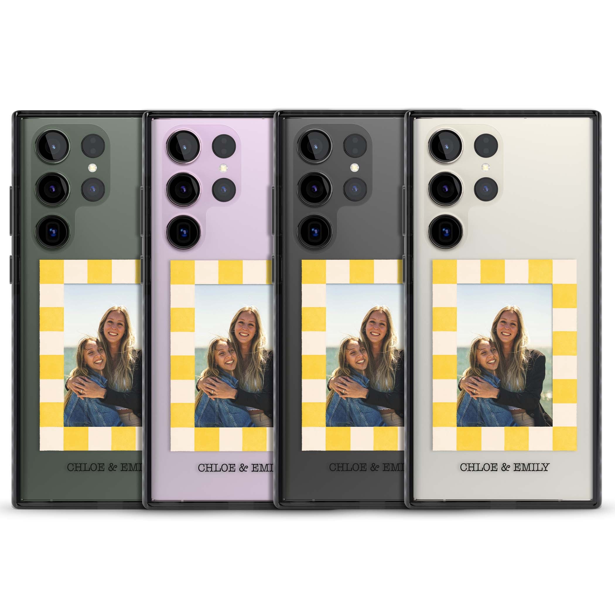 Yellow Check Photo personalised iPhone case with yellow checkered Polaroid frame and custom names beneath | Black Impact case for Samsung Galaxy S24 Ultra, Samsung Galaxy S23 Ultra, Samsung Galaxy S22 Ultra