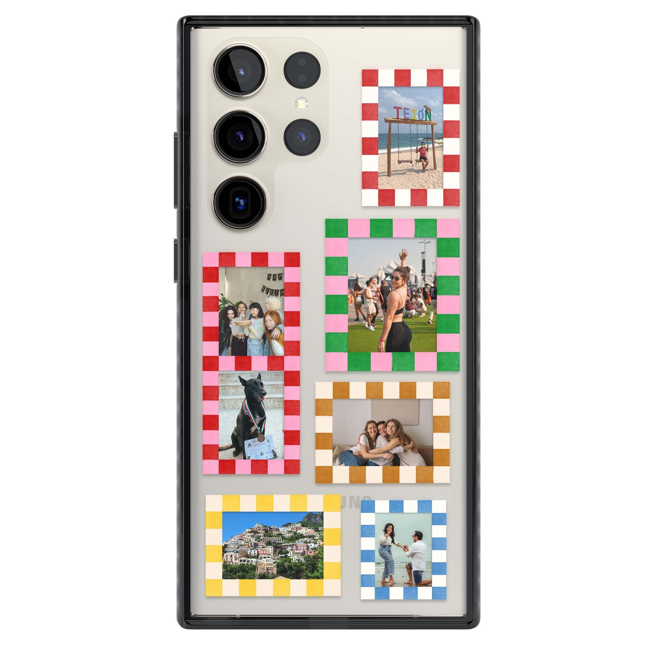 Italian Check Frames custom photo collage iPhone case featuring six checkered photo frames in red, green, pink and  | Black Impact case for Samsung Galaxy S24 Ultra, Samsung Galaxy S23 Ultra, Samsung Galaxy S22 Ultra