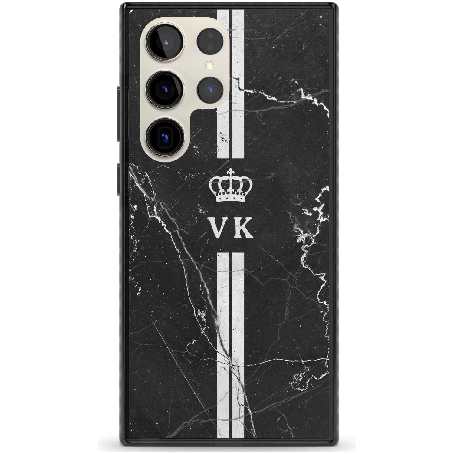 Personalised Stripes + Initials with Crown on Black Marble Custom Phone Case Samsung S22 Ultra / Black Impact Case,Samsung S23 Ultra / Black Impact Case Blanc Space