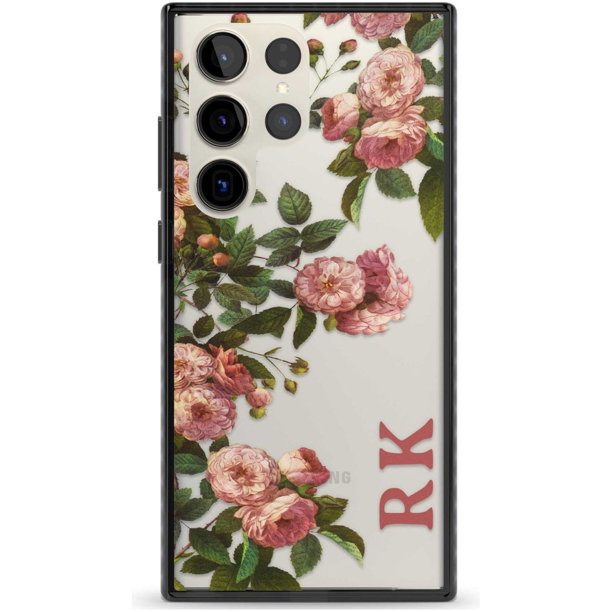 Personalised Clear Vintage Floral Pink Garden Roses Custom Phone Case Samsung S22 Ultra / Black Impact Case,Samsung S23 Ultra / Black Impact Case Blanc Space