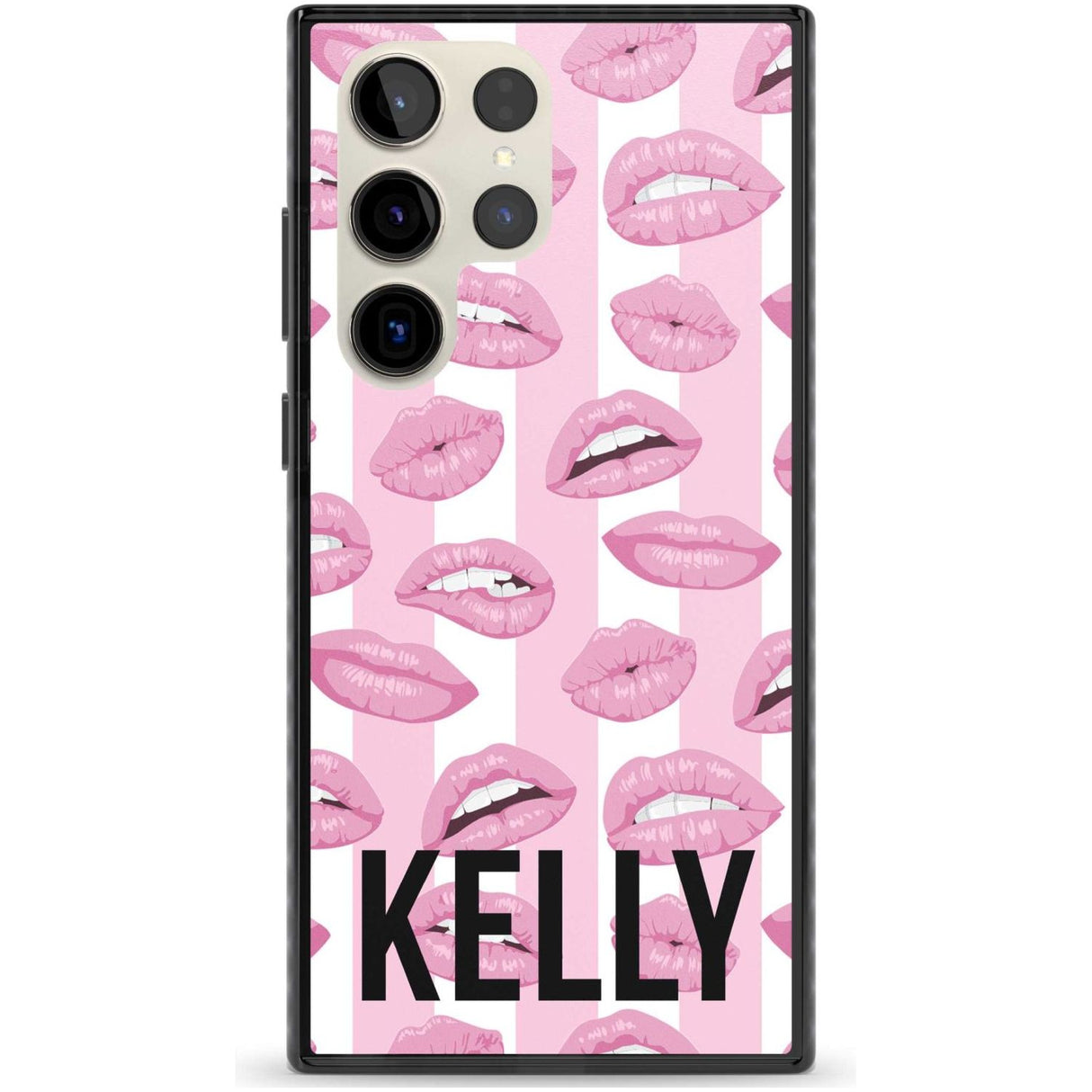 Personalised Pink Stripes & Lips Custom Phone Case Samsung S22 Ultra / Black Impact Case,Samsung S23 Ultra / Black Impact Case Blanc Space