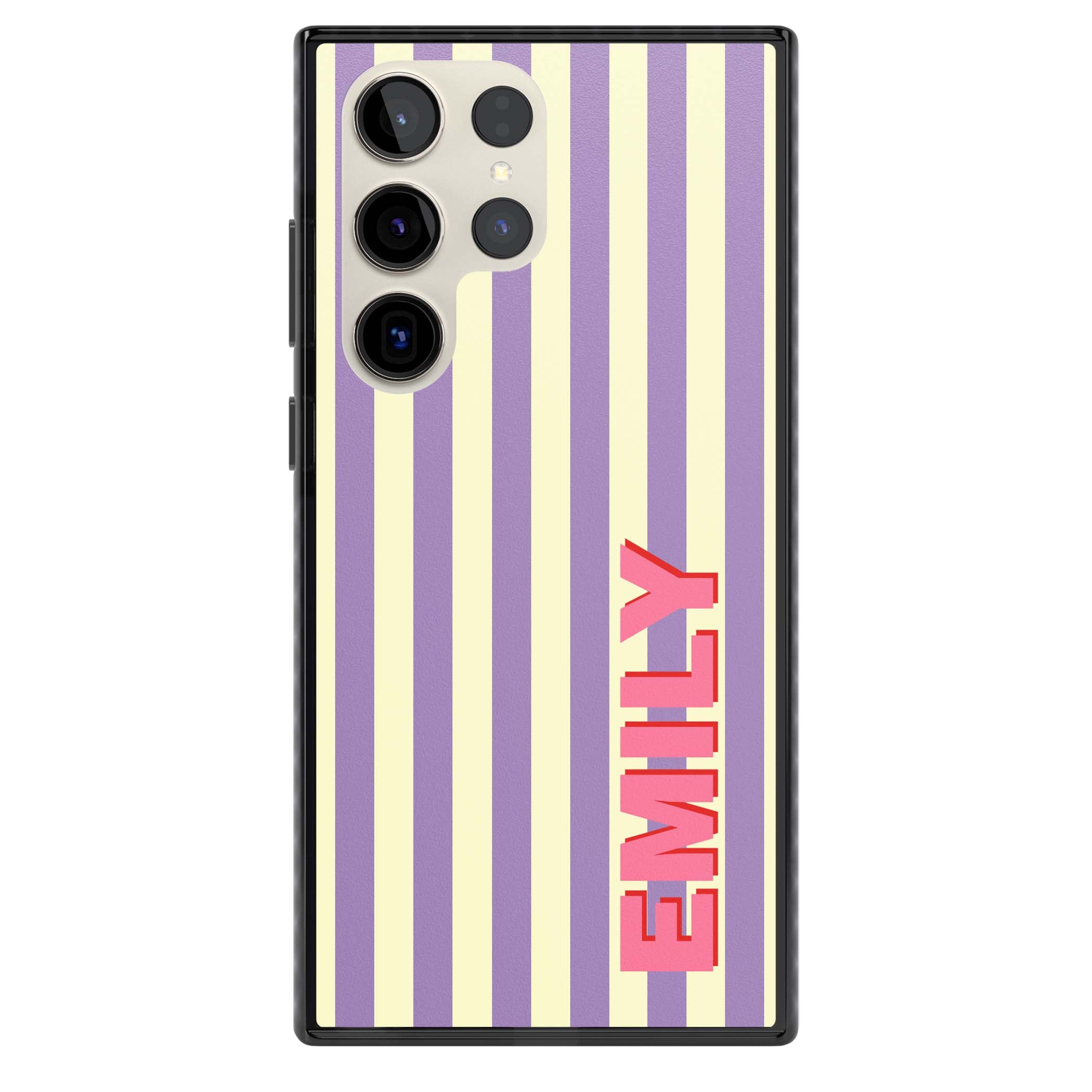 Valensole Stripe personalised iPhone case with purple and cream vertical stripes and pink custom name | Black Impact case for Samsung Galaxy S24 Ultra, Samsung Galaxy S23 Ultra, Samsung Galaxy S22 Ultra