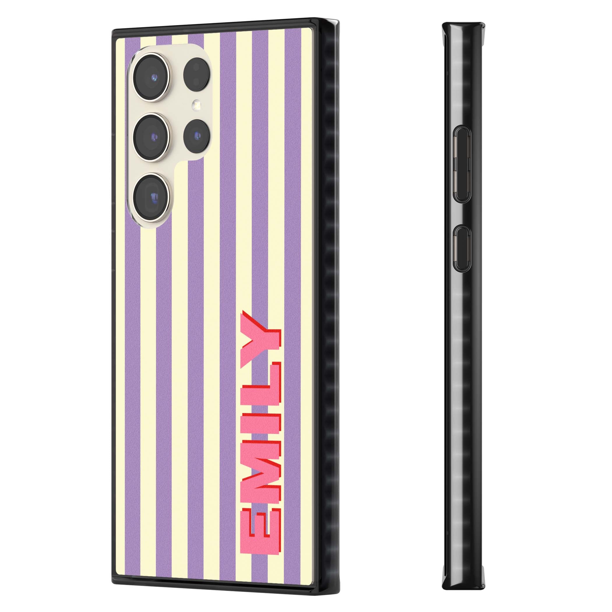Valensole Stripe personalised iPhone case with purple and cream vertical stripes and pink custom name | Black Impact case for Samsung Galaxy S24 Ultra, Samsung Galaxy S23 Ultra, Samsung Galaxy S22 Ultra