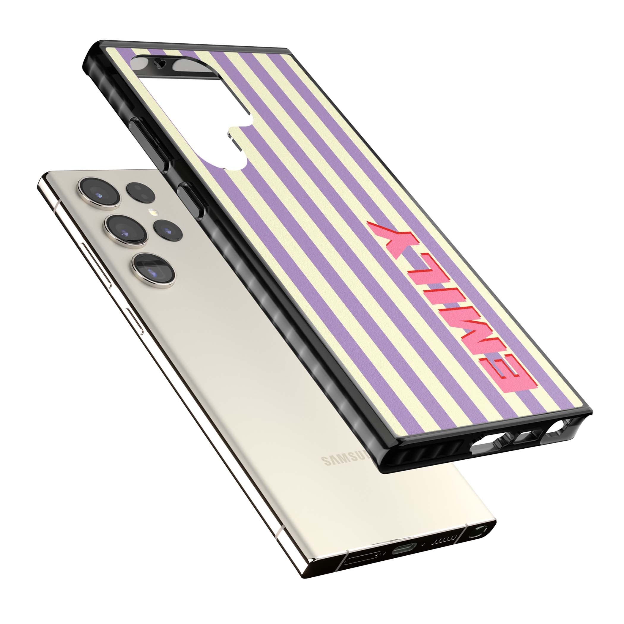 Valensole Stripe personalised iPhone case with purple and cream vertical stripes and pink custom name | Black Impact case for Samsung Galaxy S24 Ultra, Samsung Galaxy S23 Ultra, Samsung Galaxy S22 Ultra