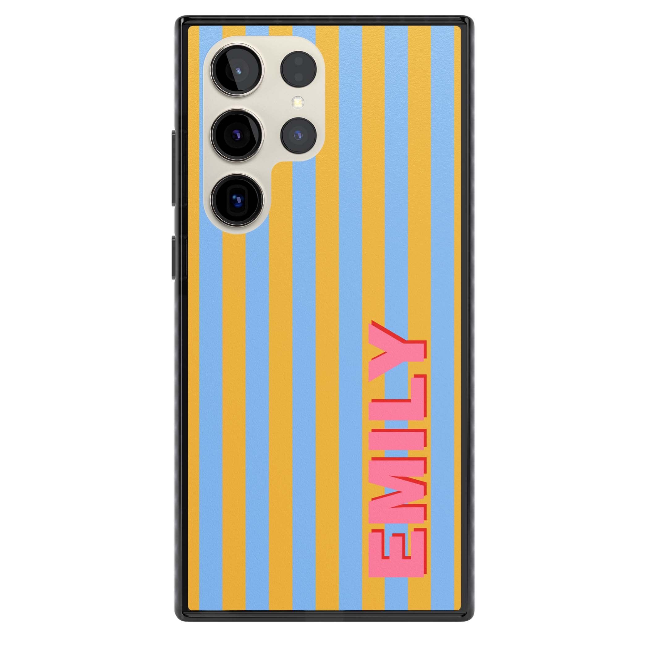 Carribean Stripe personalised coastal iPhone case with yellow and blue vertical stripes and a custom pink name | Black Impact case for Samsung Galaxy S24 Ultra, Samsung Galaxy S23 Ultra, Samsung Galaxy S22 Ultra