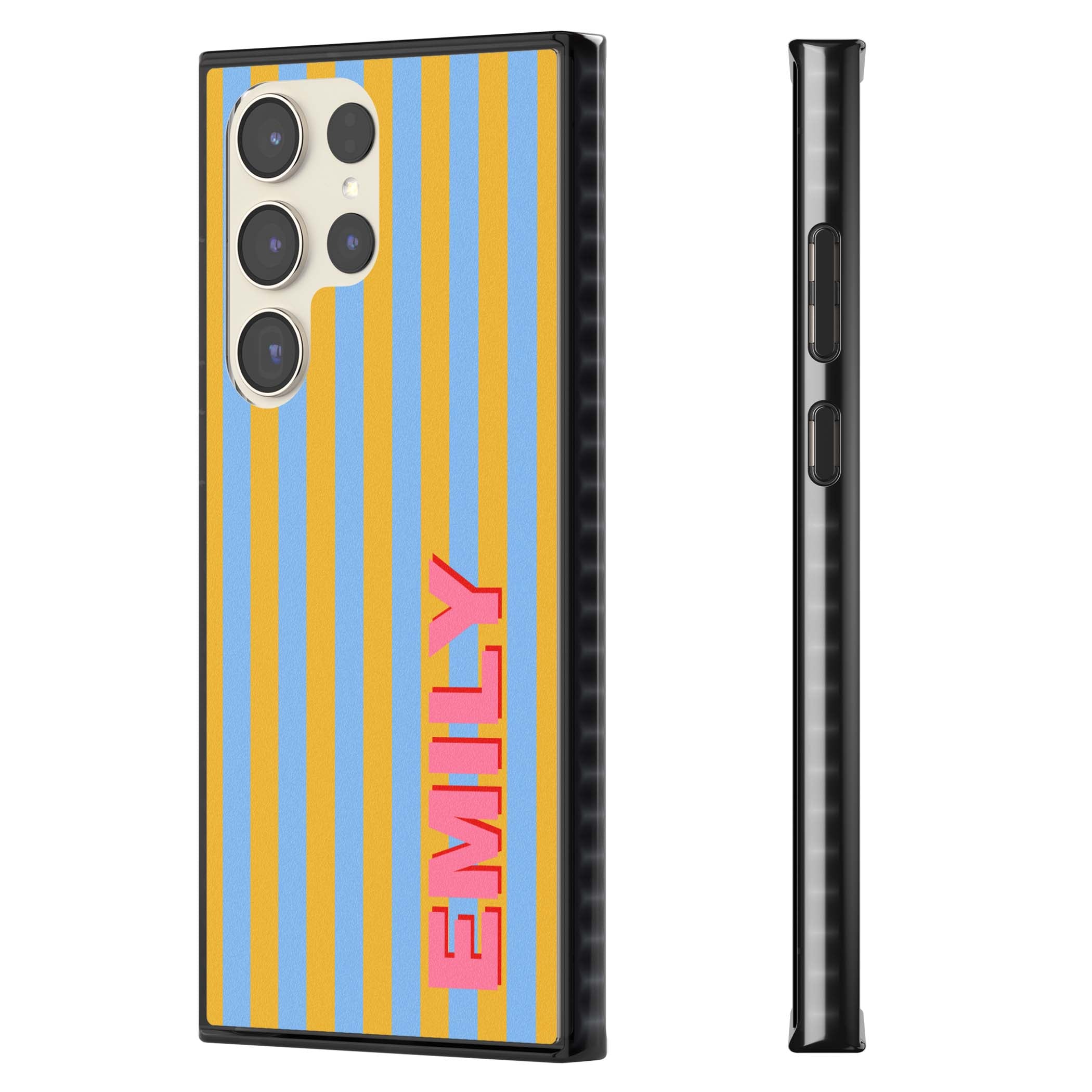 Carribean Stripe personalised coastal iPhone case with yellow and blue vertical stripes and a custom pink name | Black Impact case for Samsung Galaxy S24 Ultra, Samsung Galaxy S23 Ultra, Samsung Galaxy S22 Ultra