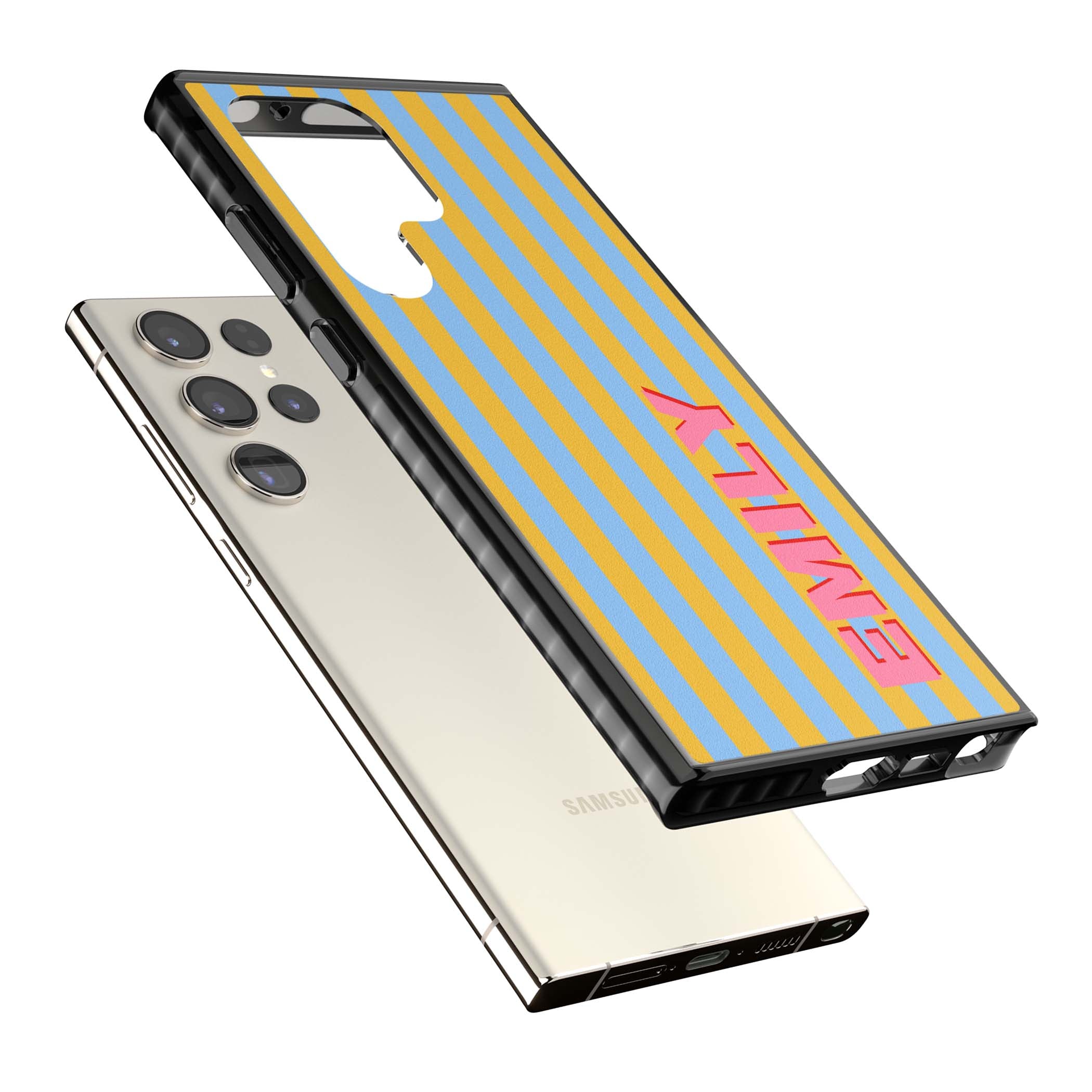 Carribean Stripe personalised coastal iPhone case with yellow and blue vertical stripes and a custom pink name | Black Impact case for Samsung Galaxy S24 Ultra, Samsung Galaxy S23 Ultra, Samsung Galaxy S22 Ultra