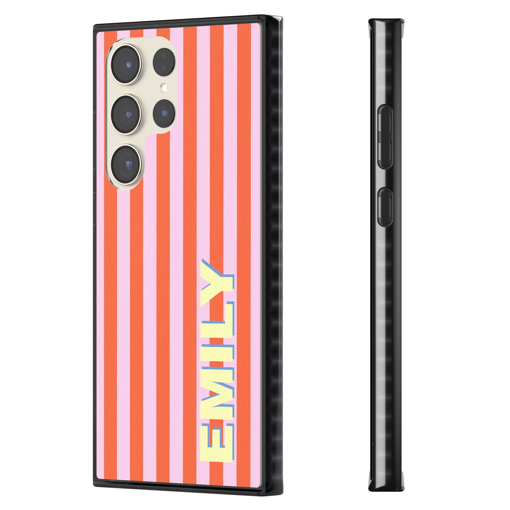 Havana Stripe personalised iPhone case featuring pink and orange vertical stripes with a custom yellow name | Black Impact case for Samsung Galaxy S24 Ultra, Samsung Galaxy S23 Ultra, Samsung Galaxy S22 Ultra