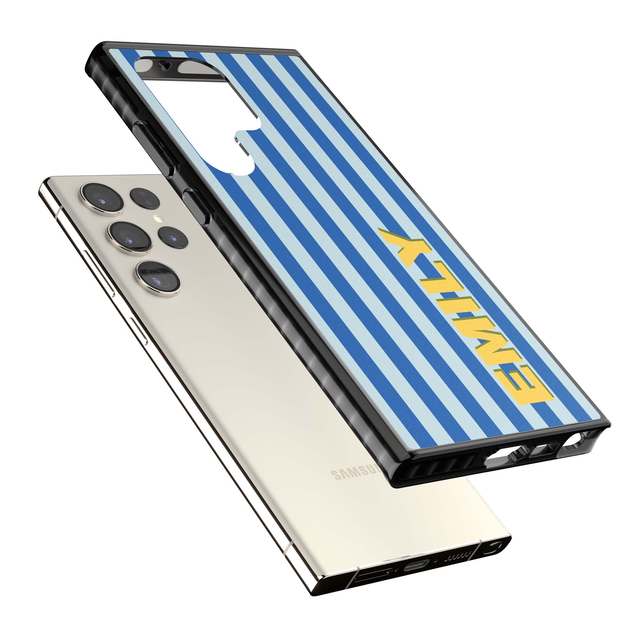 Athenian Stripe personalised preppy iPhone case featuring blue vertical stripes and a custom yellow name | Black Impact case for Samsung Galaxy S24 Ultra, Samsung Galaxy S23 Ultra, Samsung Galaxy S22 Ultra