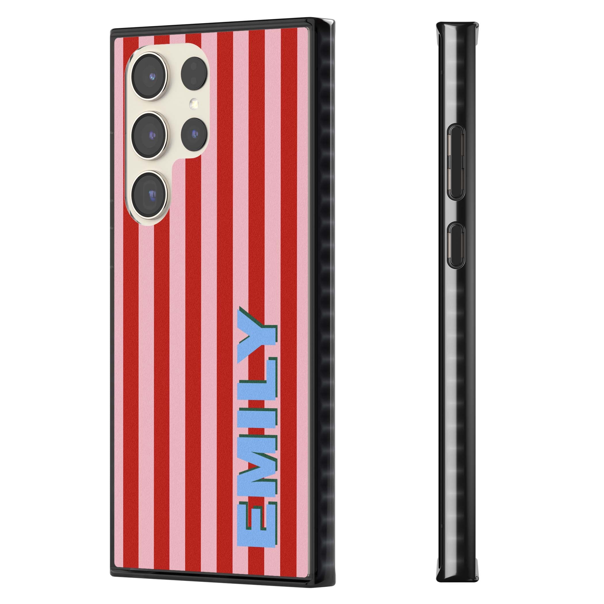 Market Stripe personalised iPhone case with red and pink vertical stripes and custom blue name | Black Impact case for Samsung Galaxy S24 Ultra, Samsung Galaxy S23 Ultra, Samsung Galaxy S22 Ultra