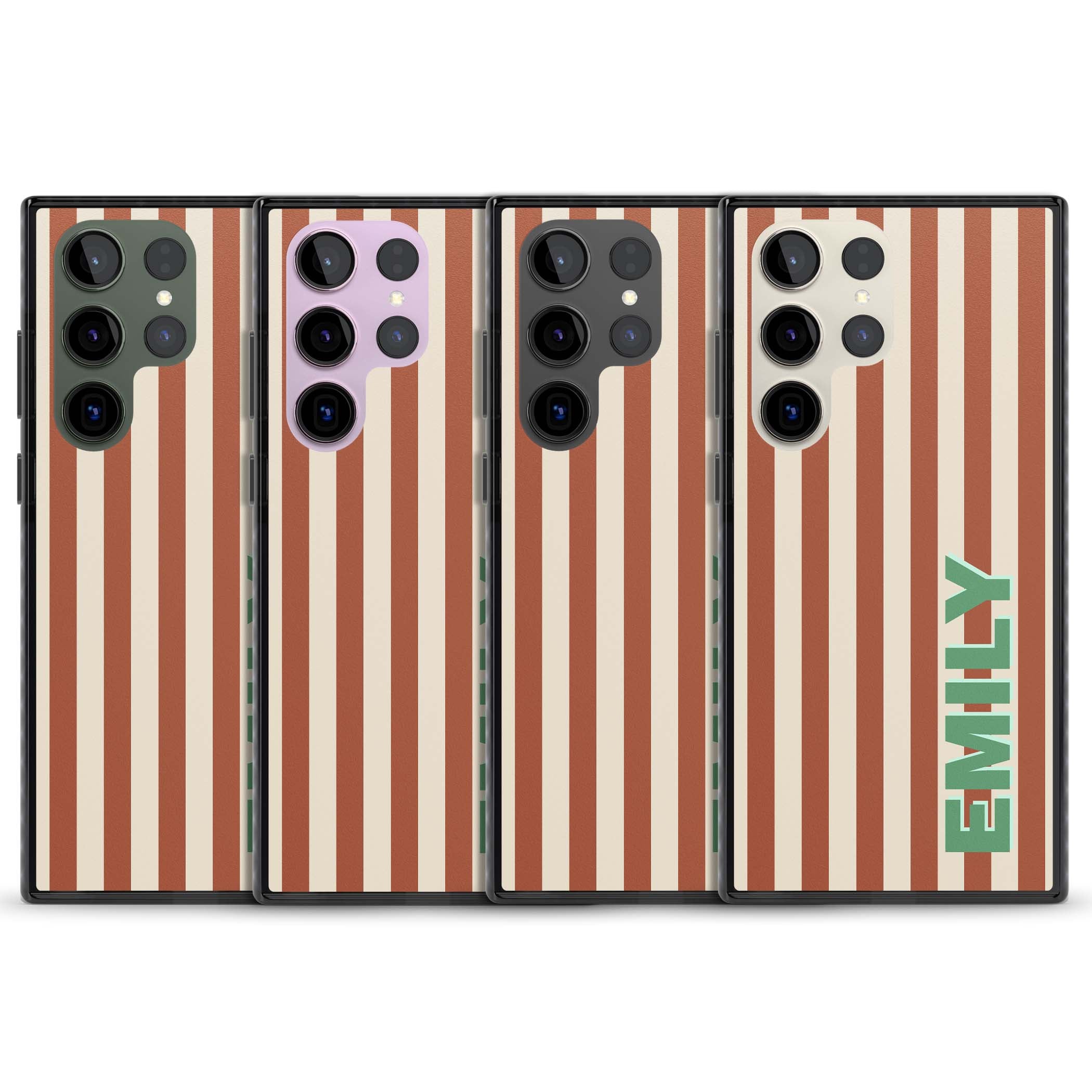 Dune Stripe personalised iPhone case with rust and cream vertical stripes and custom name in mint green | Black Impact case for Samsung Galaxy S24 Ultra, Samsung Galaxy S23 Ultra, Samsung Galaxy S22 Ultra