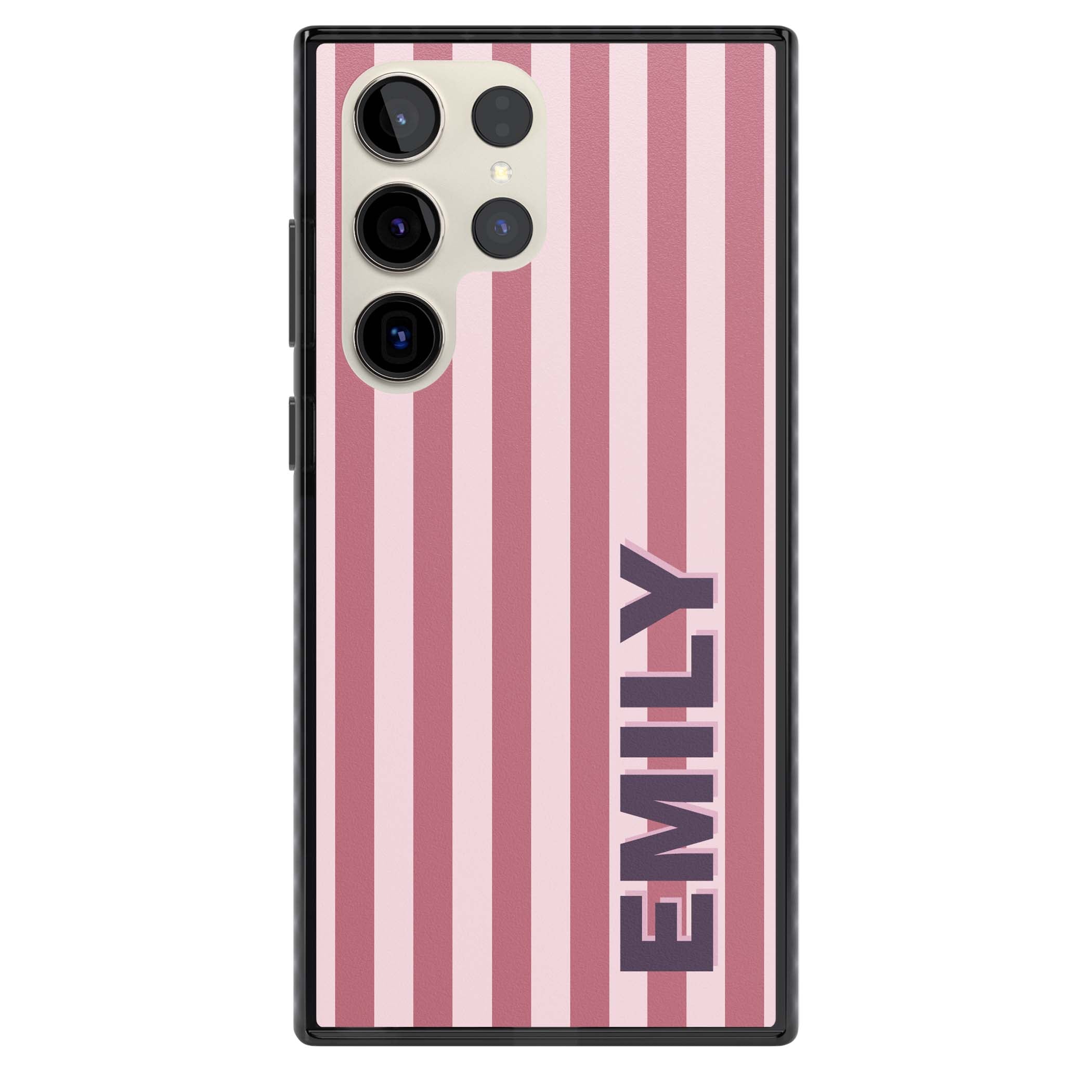 Victoria Stripe personalised iPhone case featuring pink vertical stripes and custom name in bold plum lettering | Black Impact case for Samsung Galaxy S24 Ultra, Samsung Galaxy S23 Ultra, Samsung Galaxy S22 Ultra