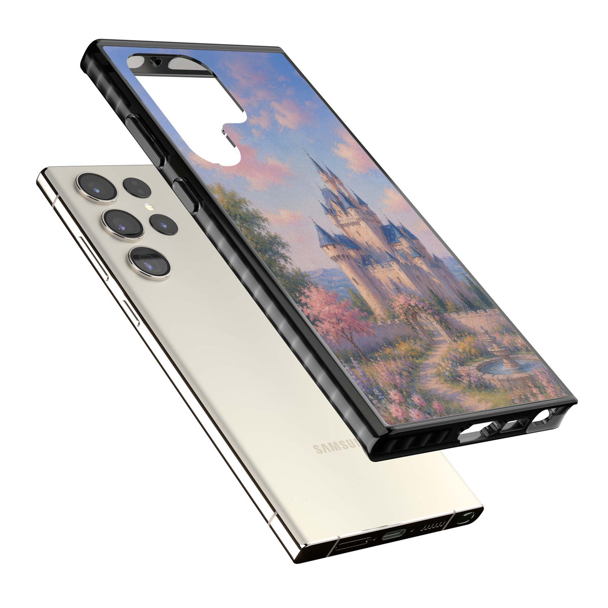Enchanted Kingdom fairytale iPhone case featuring a romantic castle painting with cherry blossoms and pastel pink sky | Black Impact case for Samsung Galaxy S24 Ultra, Samsung Galaxy S23 Ultra, Samsung Galaxy S22 Ultra