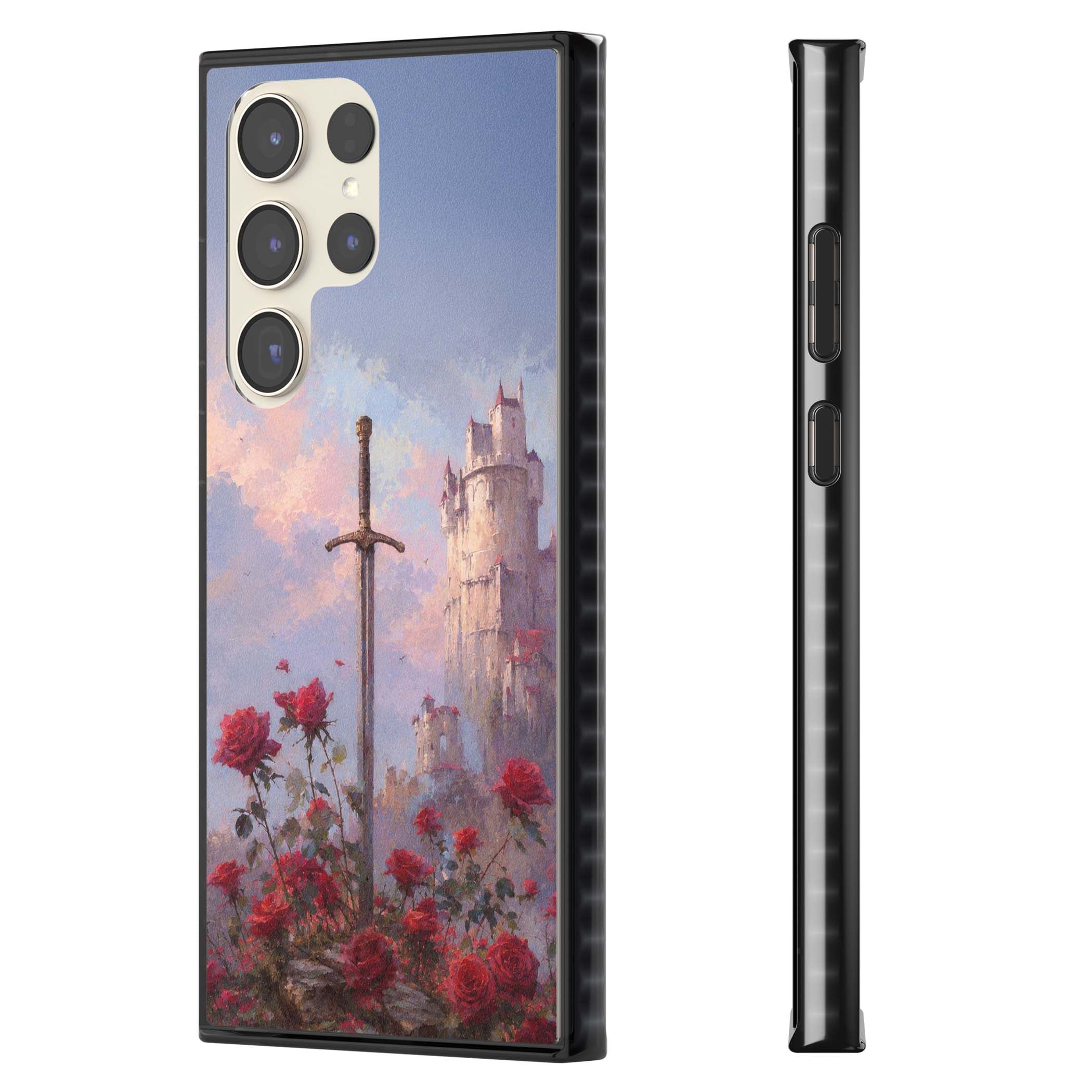 Sword in Roses medieval art iPhone case featuring a sword, red roses, and a misty fairytale castle at sunset | Black Impact case for Samsung Galaxy S24 Ultra, Samsung Galaxy S23 Ultra, Samsung Galaxy S22 Ultra