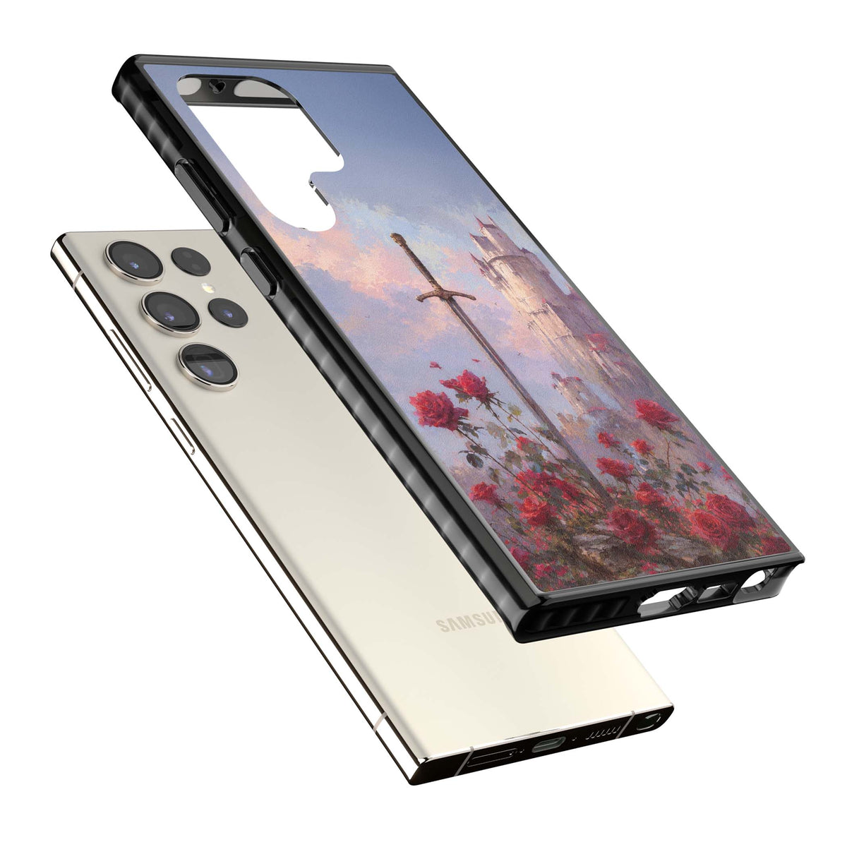 Sword in Roses medieval art iPhone case featuring a sword, red roses, and a misty fairytale castle at sunset | Black Impact case for Samsung Galaxy S24 Ultra, Samsung Galaxy S23 Ultra, Samsung Galaxy S22 Ultra