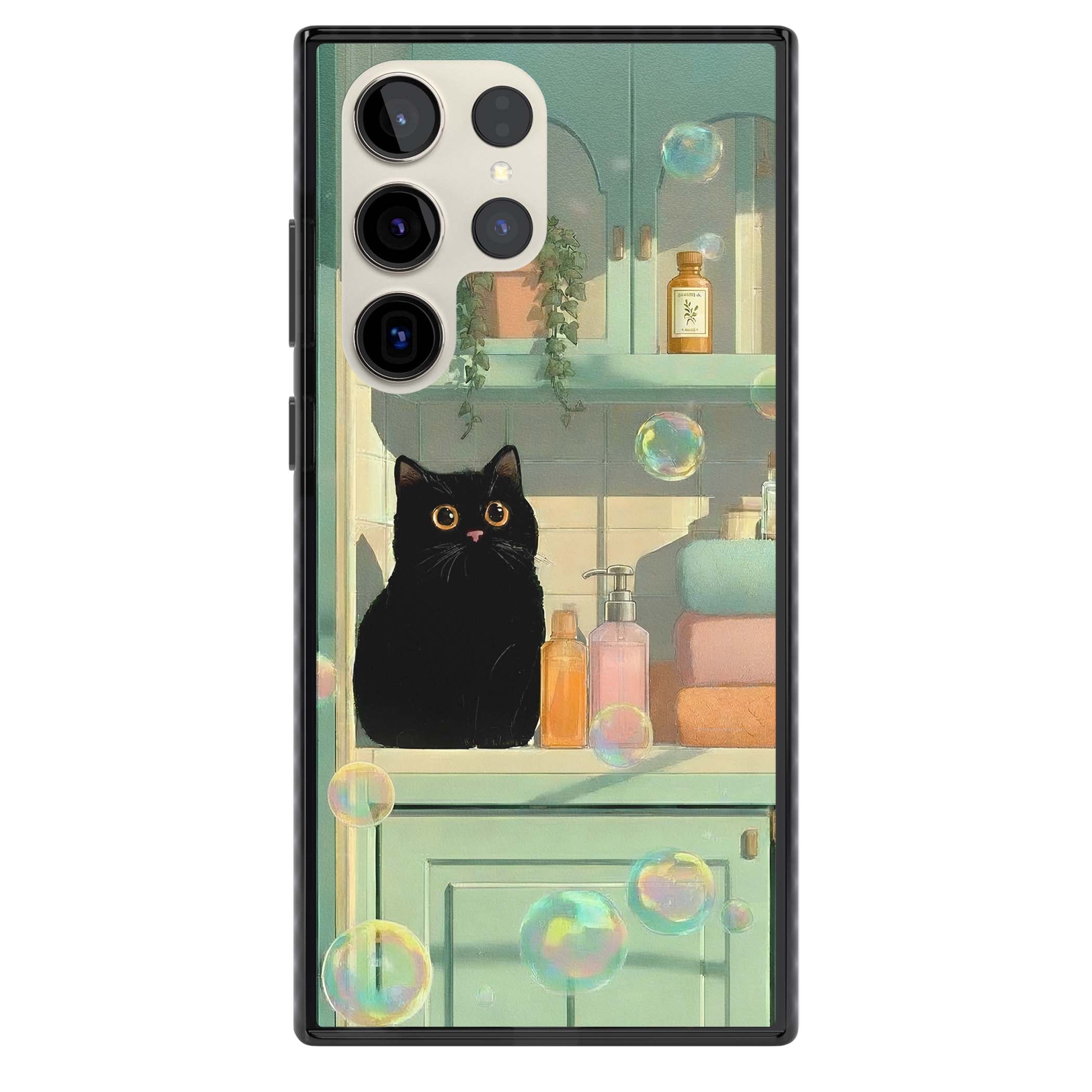 Bathroom Bubble Kitty cottagecore iPhone case featuring a black cat, mint bathroom scene and floating soap bubbles | Black Impact case for Samsung Galaxy S24 Ultra, Samsung Galaxy S23 Ultra, Samsung Galaxy S22 Ultra