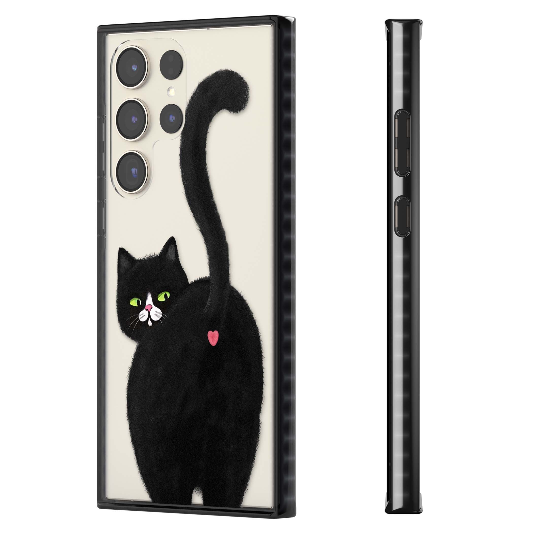 The Cat's Kiss cute cat iPhone case featuring a hand-painted tuxedo kitty with green eyes and a pink heart on a clear  | Black Impact case for Samsung Galaxy S24 Ultra, Samsung Galaxy S23 Ultra, Samsung Galaxy S22 Ultra