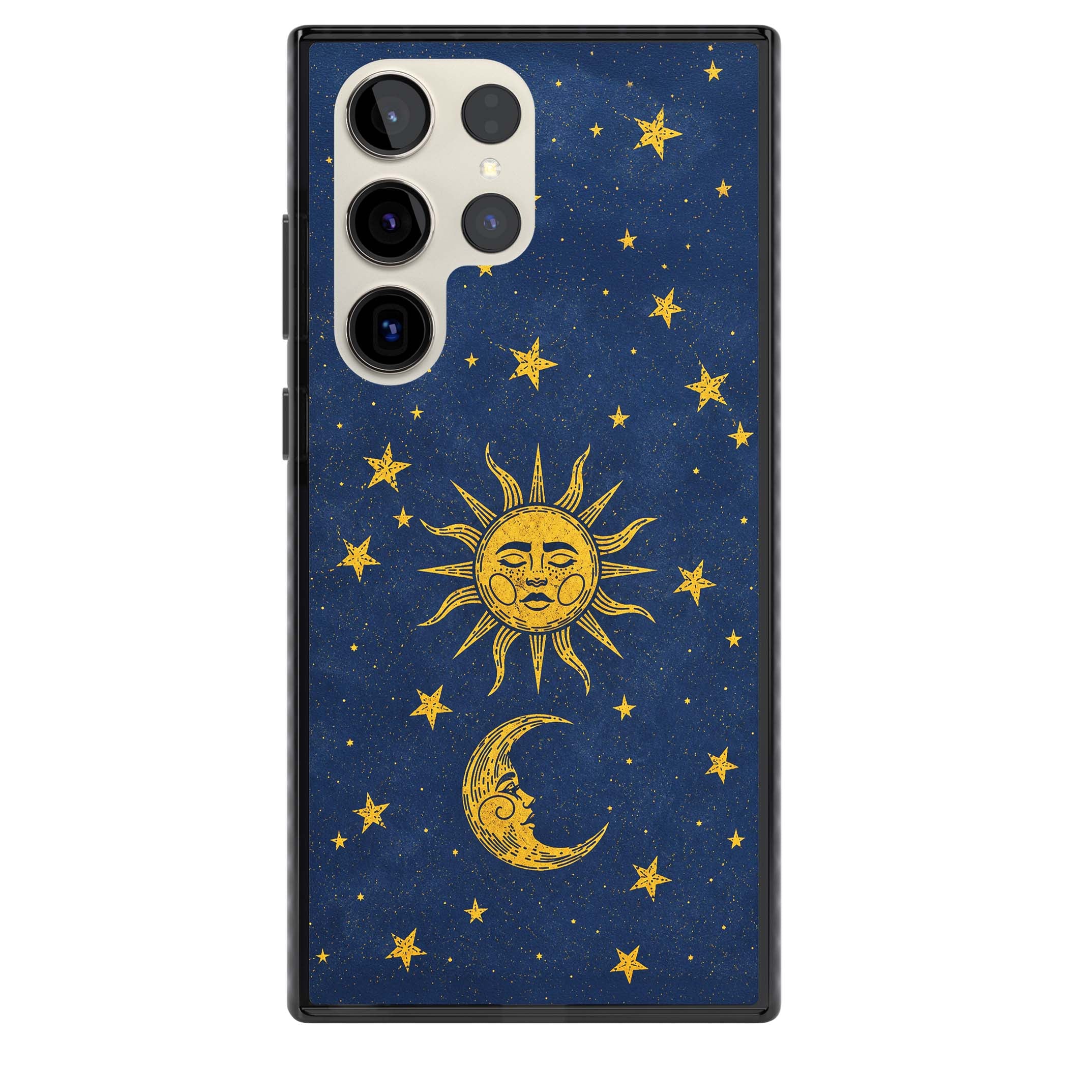 Sun & Moon Reverie celestial iPhone case featuring a vintage golden sun, crescent moon and scattered stars on midnight blue | Black Impact case for Samsung Galaxy S24 Ultra, Samsung Galaxy S23 Ultra, Samsung Galaxy S22 Ultra