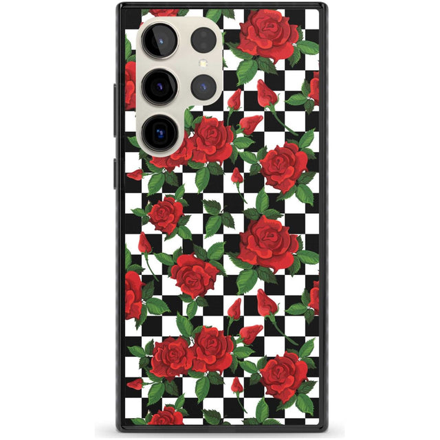 Checkered Pattern & Red Roses Phone Case Samsung S22 Ultra / Black Impact Case,Samsung S23 Ultra / Black Impact Case Blanc Space