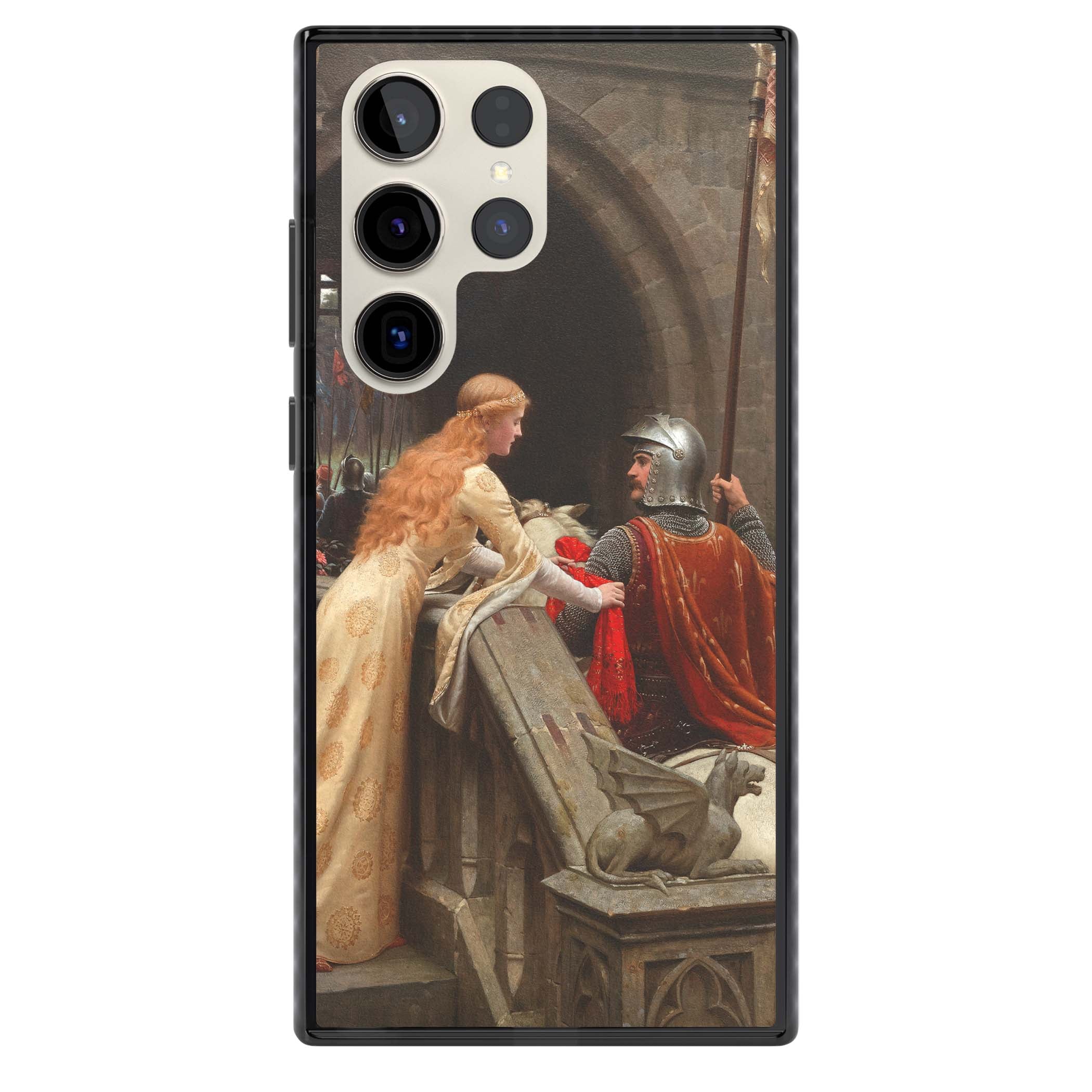 God Speed fine art iPhone case featuring Edmund Blair Leighton's medieval knight and lady beneath a stone archway | Black Impact case for Samsung Galaxy S24 Ultra, Samsung Galaxy S23 Ultra, Samsung Galaxy S22 Ultra