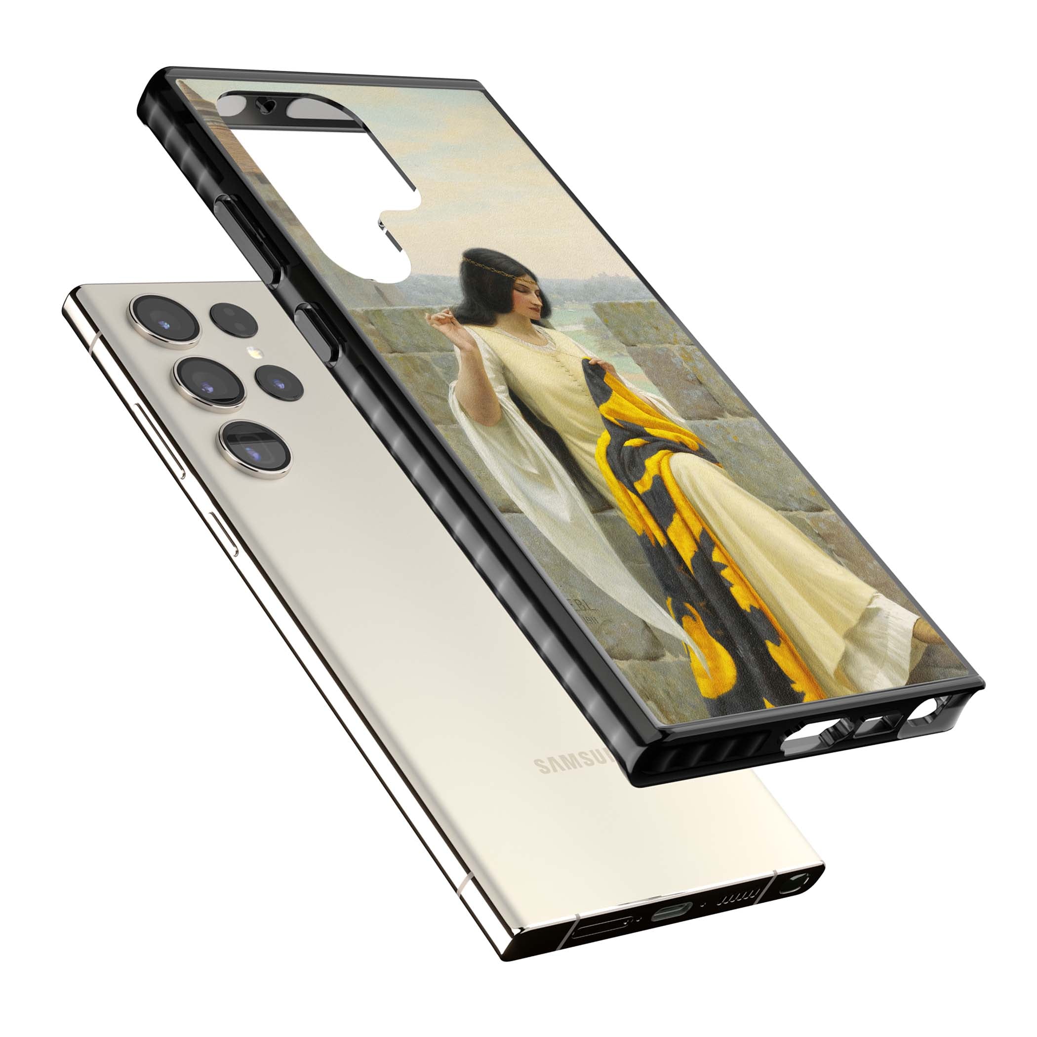 Stitching the Standard renaissance art iPhone case featuring a medieval lady sewing a golden banner on a castle wall | Black Impact case for Samsung Galaxy S24 Ultra, Samsung Galaxy S23 Ultra, Samsung Galaxy S22 Ultra