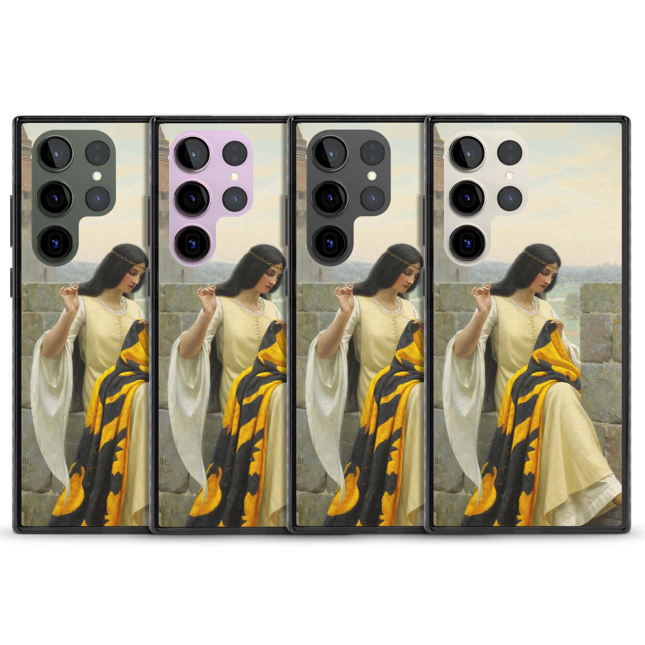 Stitching the Standard renaissance art iPhone case featuring a medieval lady sewing a golden banner on a castle wall | Black Impact case for Samsung Galaxy S24 Ultra, Samsung Galaxy S23 Ultra, Samsung Galaxy S22 Ultra